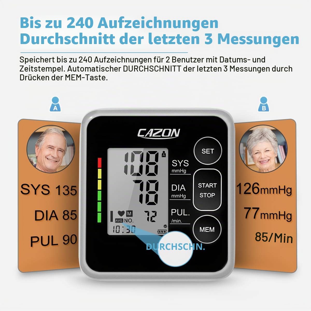 CAZON Blutdruckmessgerät Oberarm, digital, vollautomatisches Blutdruckmessgerät, Pulsmessung, Blutdruckmessung, groß, mit großer Manschette, 2 x 120, Dual-User – Bild 3