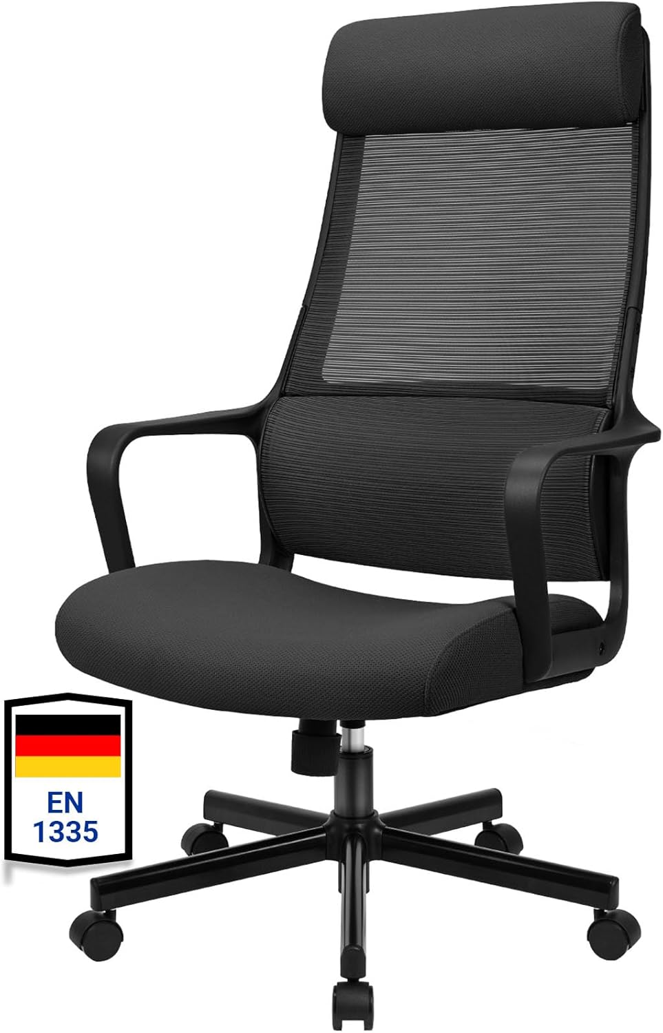 MELOKEA Schreibtischstuhl: Ergonomischer Bürostuhl, Drehstuhl, Wippfunktion, verfügt über verstellbare Lordosenstütze, Kopfstütze, Armlehne, Höhenverstellung, hohe Rückenlehne, freundlicher Chefsessel, 150 kg, Schwarz