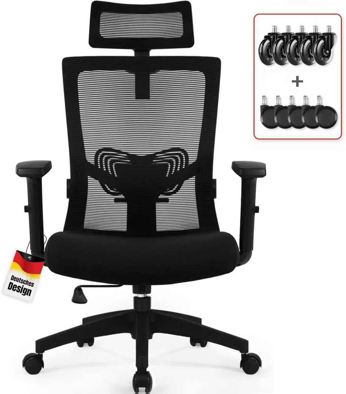 Daccormax Ergonomischer Bürostuhl, Schreibtischstuhl mit verstellbarer Kopfstütze, Armlehnen, Lordosenstütze, Drehstuhl-Wippfunktion bis 135°, Netz-Chefsessel, rückenschonender Bürostuhl 150 kg