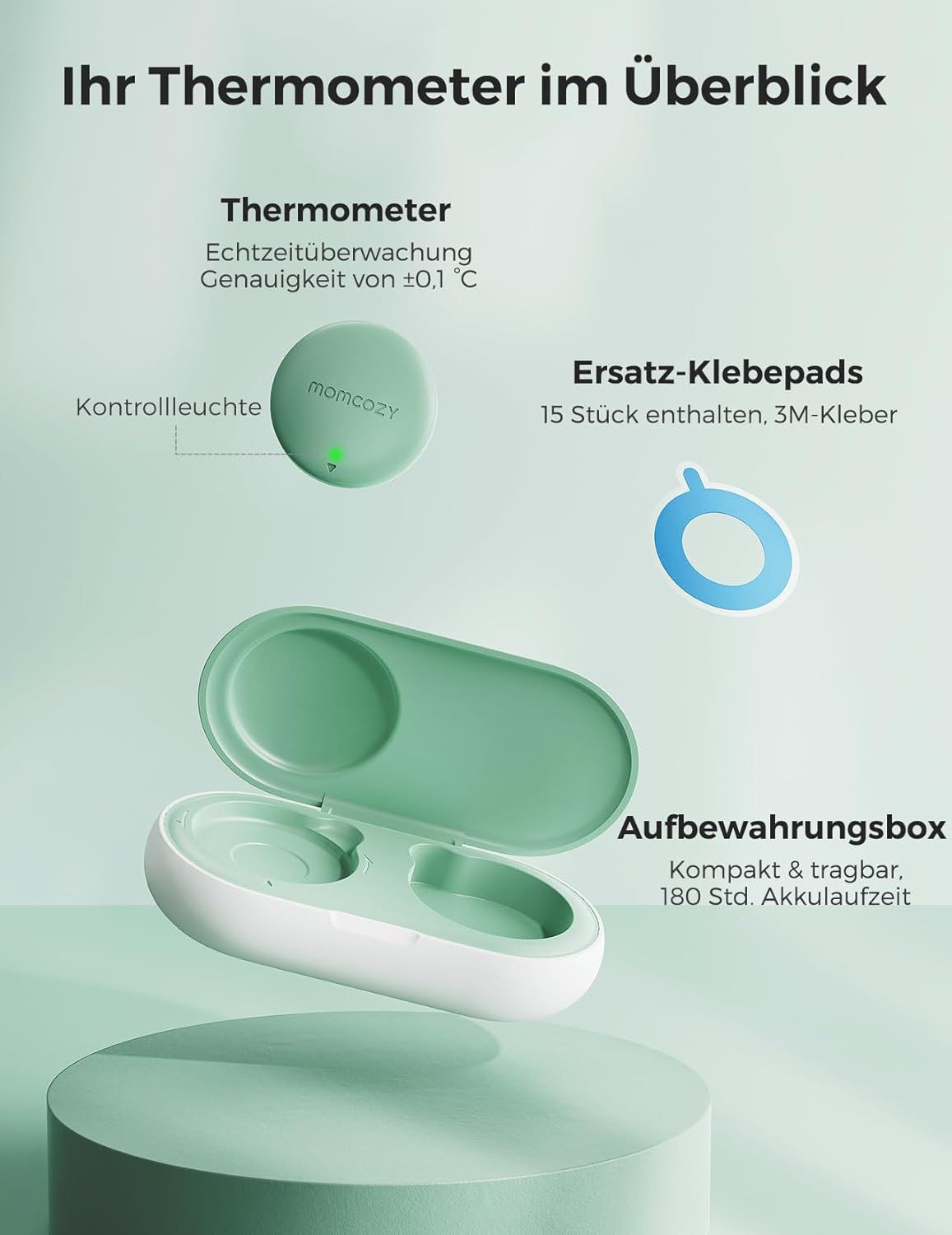 Momcozy Baby-Fieberthermometer, digitales Smart-Baby-Thermometer mit App, ±0,1 °C Präzision, kontinuierliche Überwachung für Neugeborene, hypoallergenes 3M-Pflaster, 180-Stunden-Akku – Bild 2