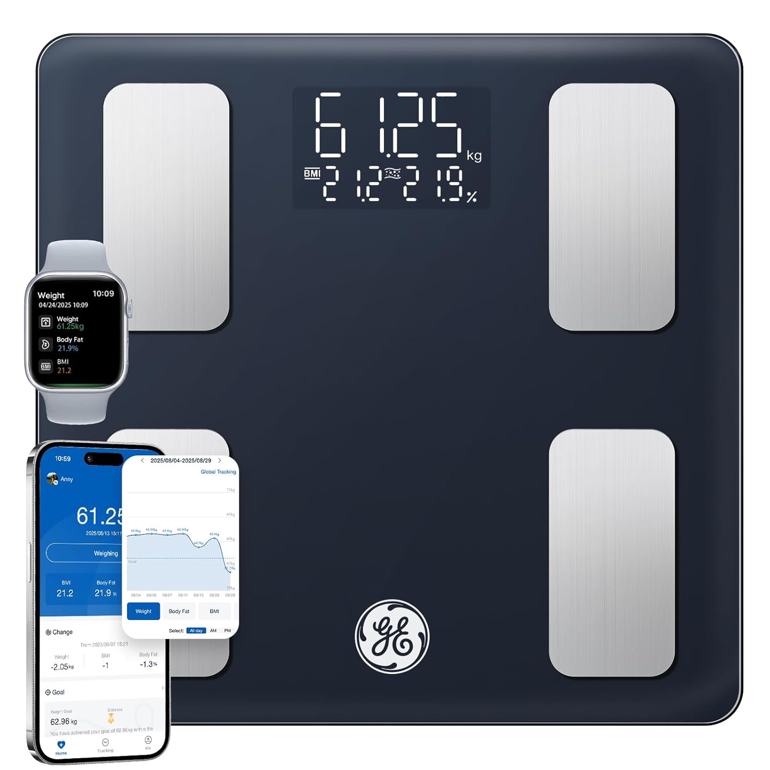 GE Körperfettwaage Smart mit Körperfett, BMI-Personenwaage mit großem Display, hoher Genauigkeit, Bluetooth, digitale Körperanalysewaage bis 180 kg/400 lb, Schwarz