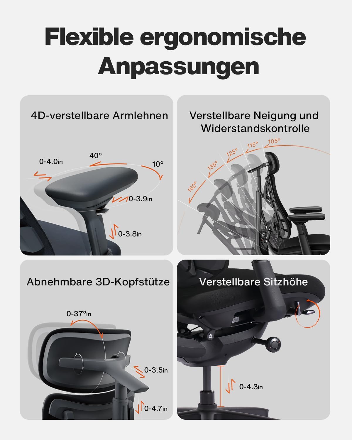 LiberNovo SE Ergonomischer Bürostuhl mit Fußstütze, Schreibtischstuhl mit manueller Lordosenstütze, 5 Neigungspositionen, Computerstuhl für langes Sitzen, für Home Office und Gaming, Obsidian 48 cm – Bild 7