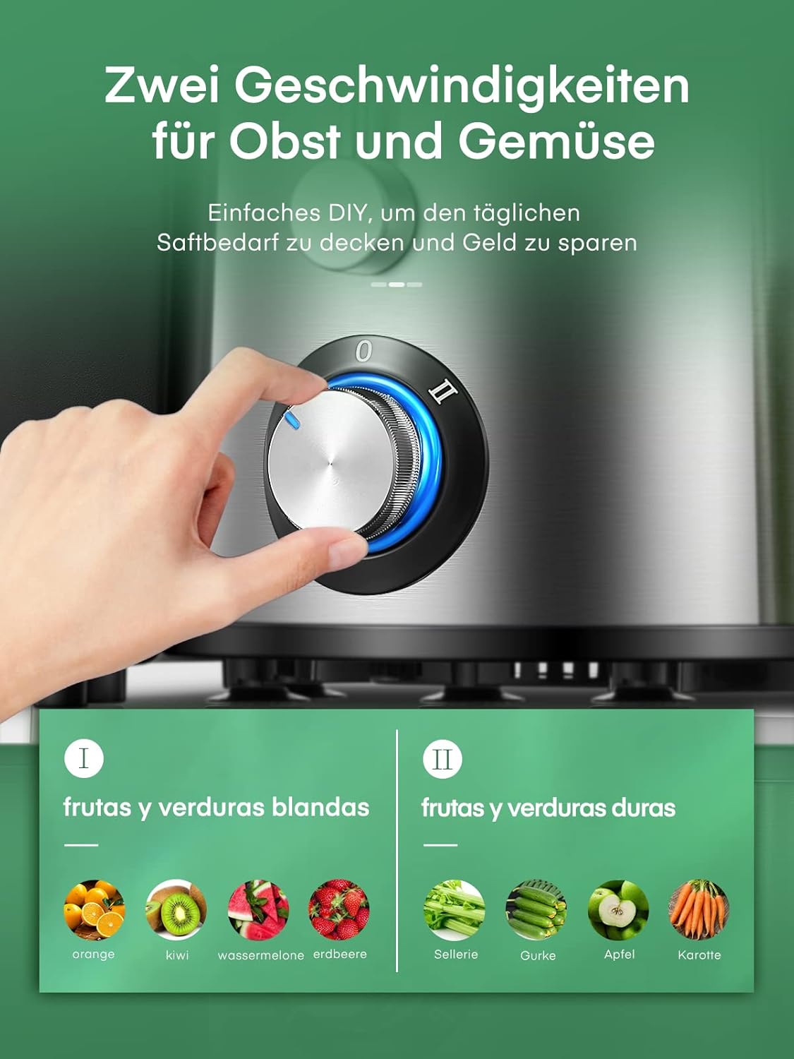 Juilist Entsafter für Gemüse und Obst, 800 W max., Zentrifugal-Entsafter aus Edelstahl 304 mit 65-mm-Einfüllschacht, 2 Geschwindigkeiten, leicht zu reinigen und tropffrei, inklusive Bürste und Rezeptbuch – Bild 4