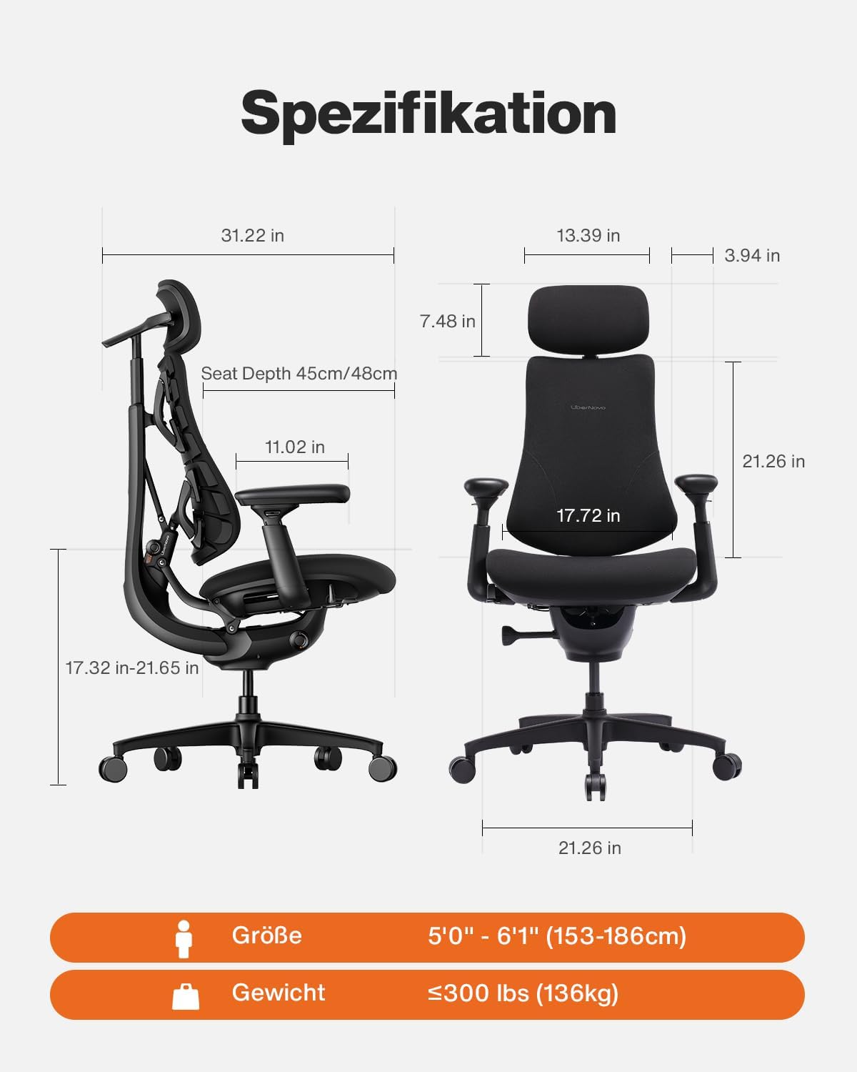 LiberNovo SE Ergonomischer Bürostuhl, Schreibtischstuhl mit manueller Lordosenstütze, 5 Neigungspositionen, Computerstuhl für langes Sitzen, für Home Office, Büro und Gaming, Obsidian 48 cm – Bild 2