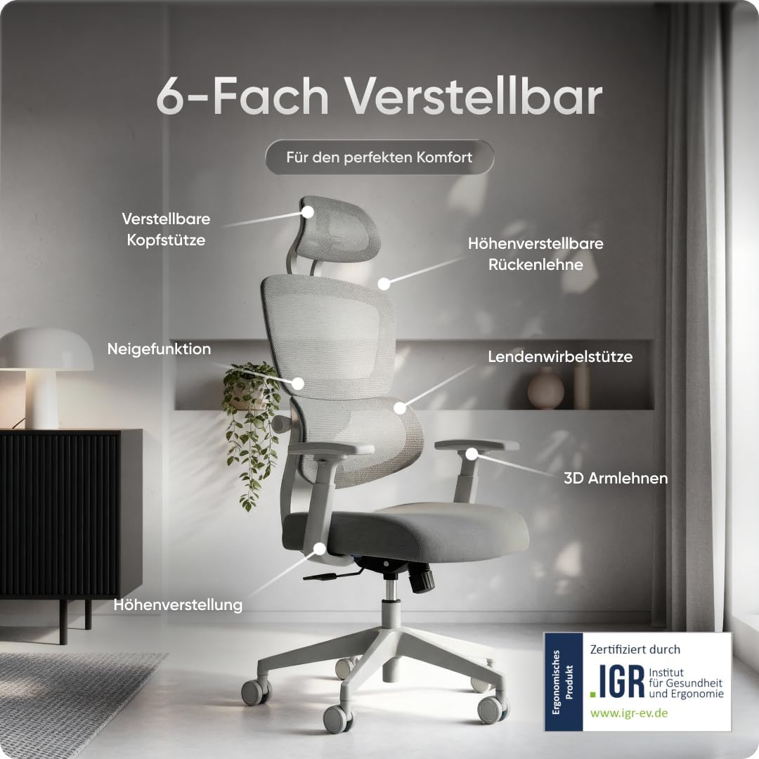 Ergonomischer Bürostuhl Move für das Home Office bis 150 kg – Schreibtischstuhl mit intelligenter Lordosenstütze, 3-stufiger Neigung und höhenverstellbarer Rückenlehne (Grau) – Bild 3
