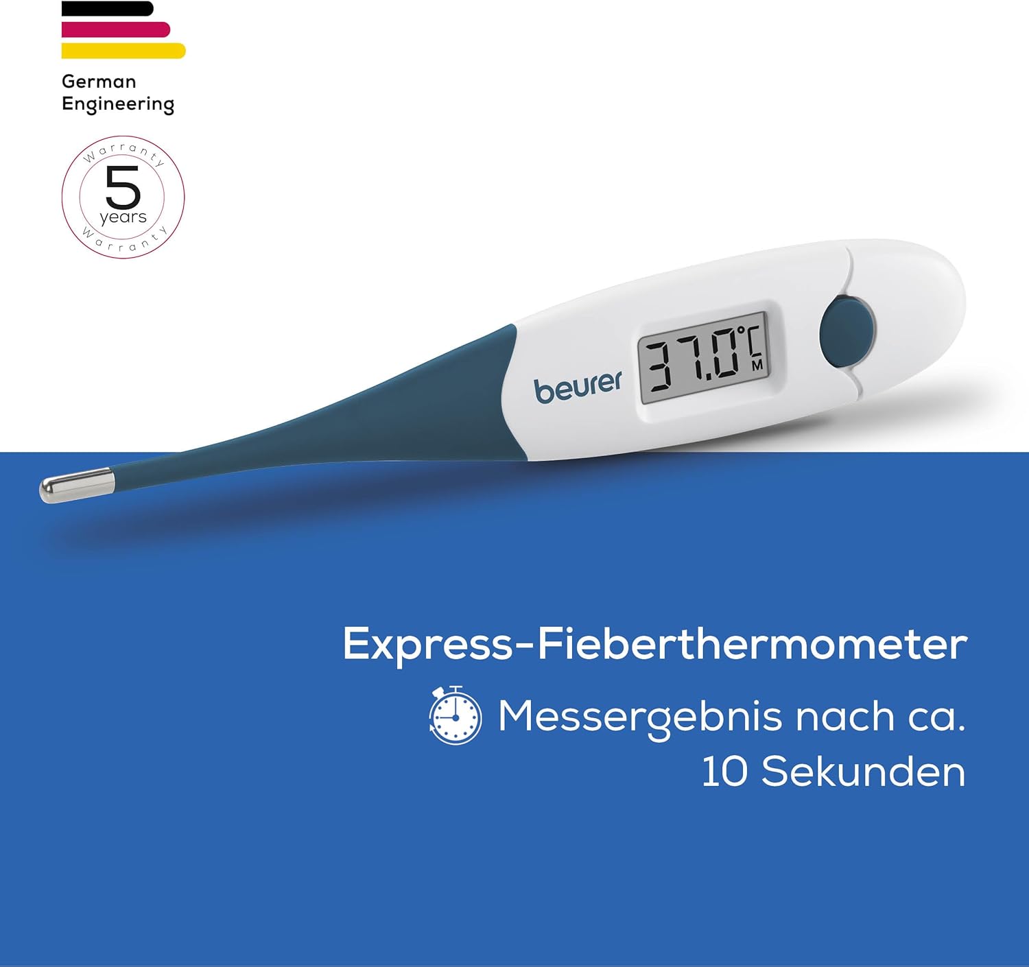 Beurer FT 17 Digitales Fieberthermometer mit flexibler Spitze für orale, rektale und axilläre Messung, Ergebnis in 10 Sekunden, Fieberanzeige für Babys, Kinder und Erwachsene, blau/weiß – Bild 3