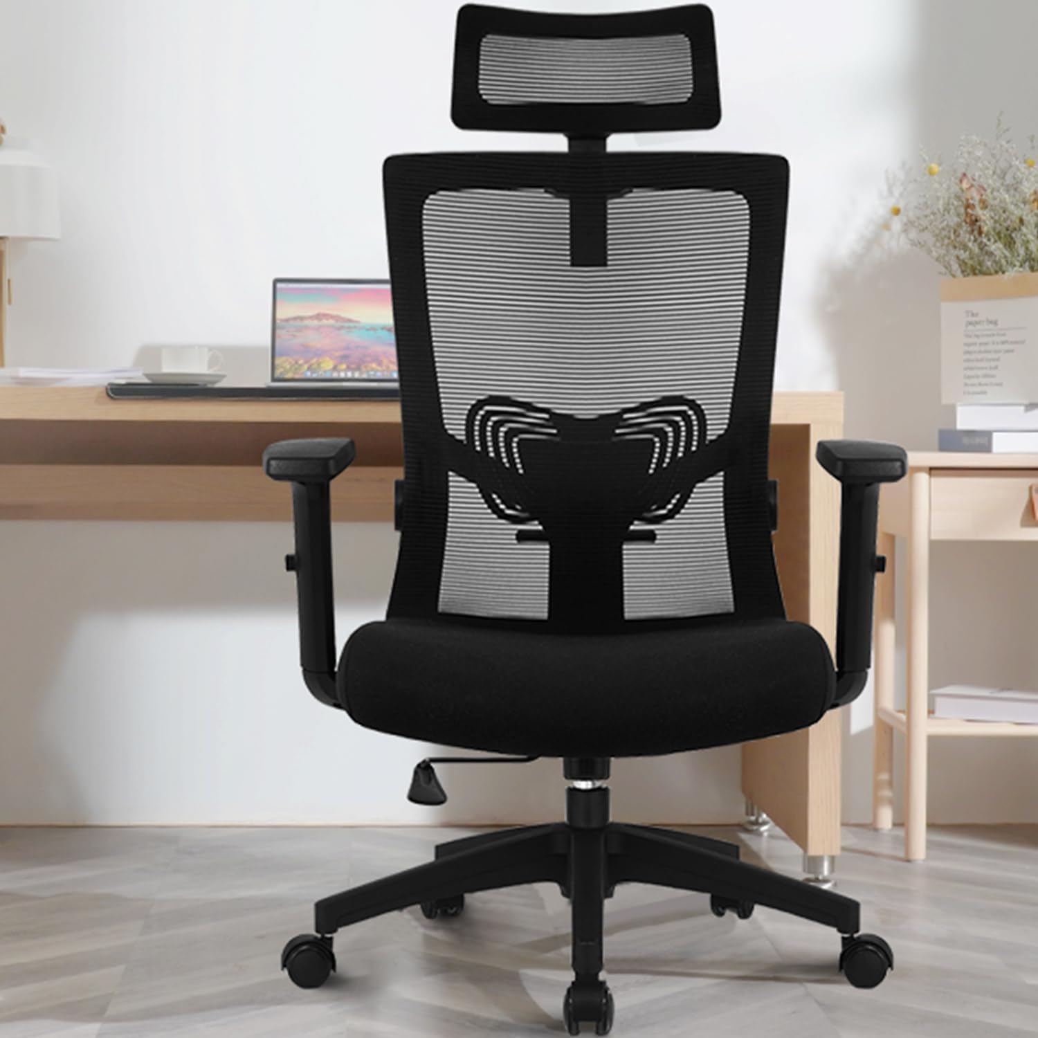 Daccormax Ergonomischer Bürostuhl, Schreibtischstuhl mit verstellbarer Kopfstütze, Armlehnen, Lordosenstütze, Drehstuhl-Wippfunktion bis 135°, Netz-Chefsessel, rückenschonender Bürostuhl 150 kg – Bild 2