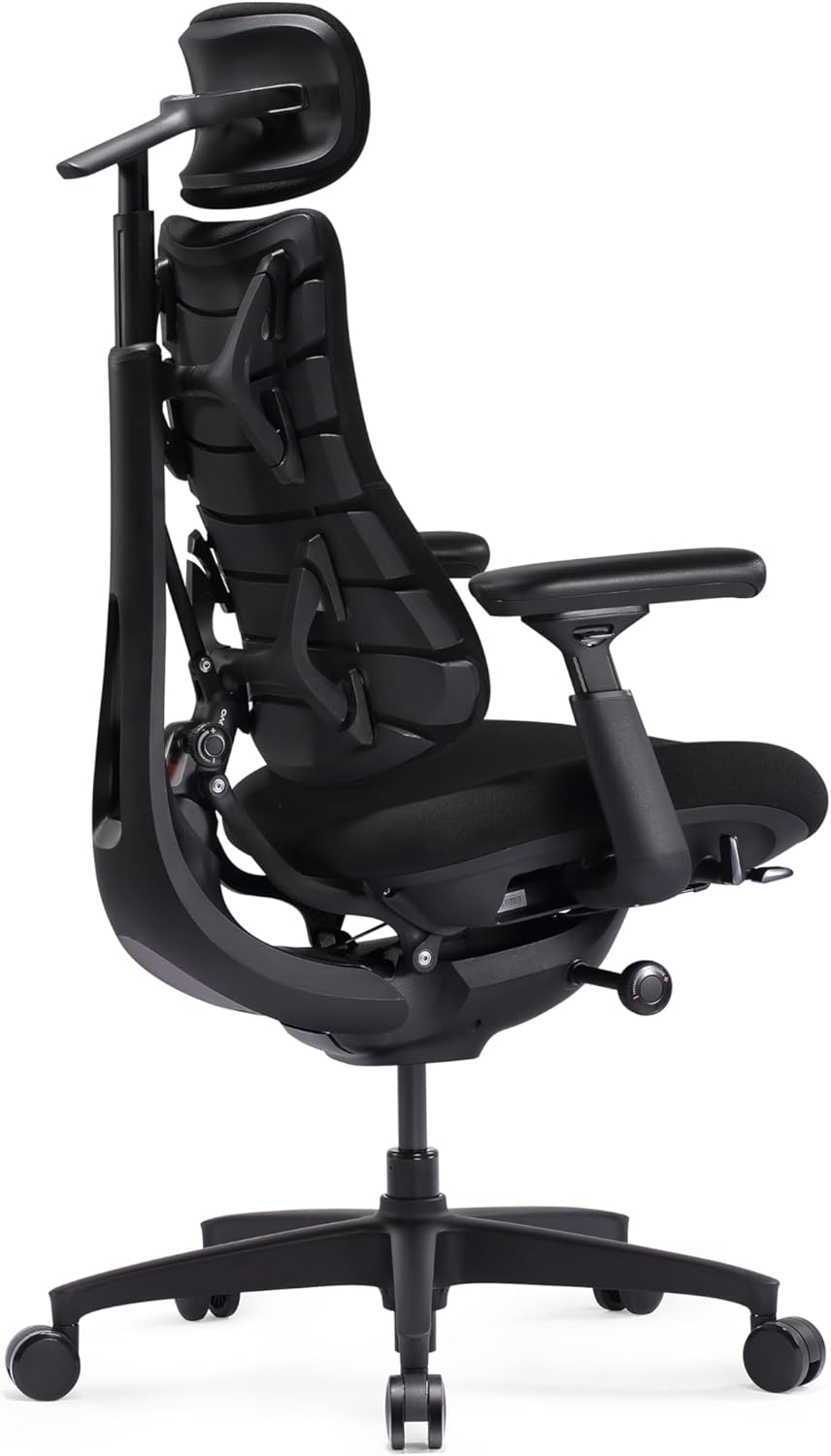 LiberNovo SE Ergonomischer Bürostuhl, Schreibtischstuhl mit manueller Lordosenstütze, 5 Neigungspositionen, Computerstuhl für langes Sitzen, für Home Office, Büro und Gaming, Obsidian 48 cm