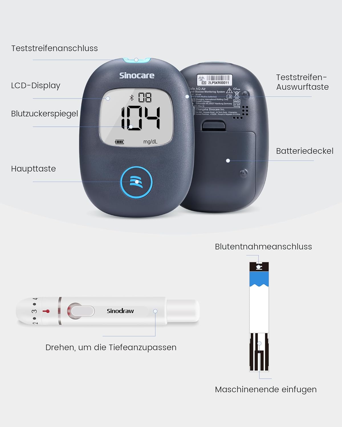 Sinocare Blutzuckermessgerät Bluetooth mit App – klinische Präzision, 5-Sekunden-Probenahme, 50 Teststreifen + 50 Lanzetten, mg/dl, sichere AQ-Luft – Bild 7