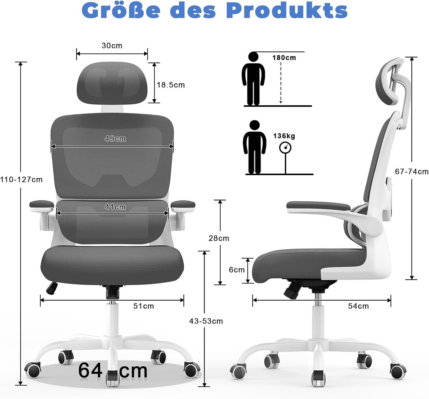 naspaluro Bürostuhl, Ergonomischer Schreibtischstuhl mit verstellbarer Kopfstütze, Armlehnen, dynamischer Lordosenstütze, Drehstuhl mit atmungsaktivem Netzbezug für das Home Office, Dunkelgrau – Bild 2