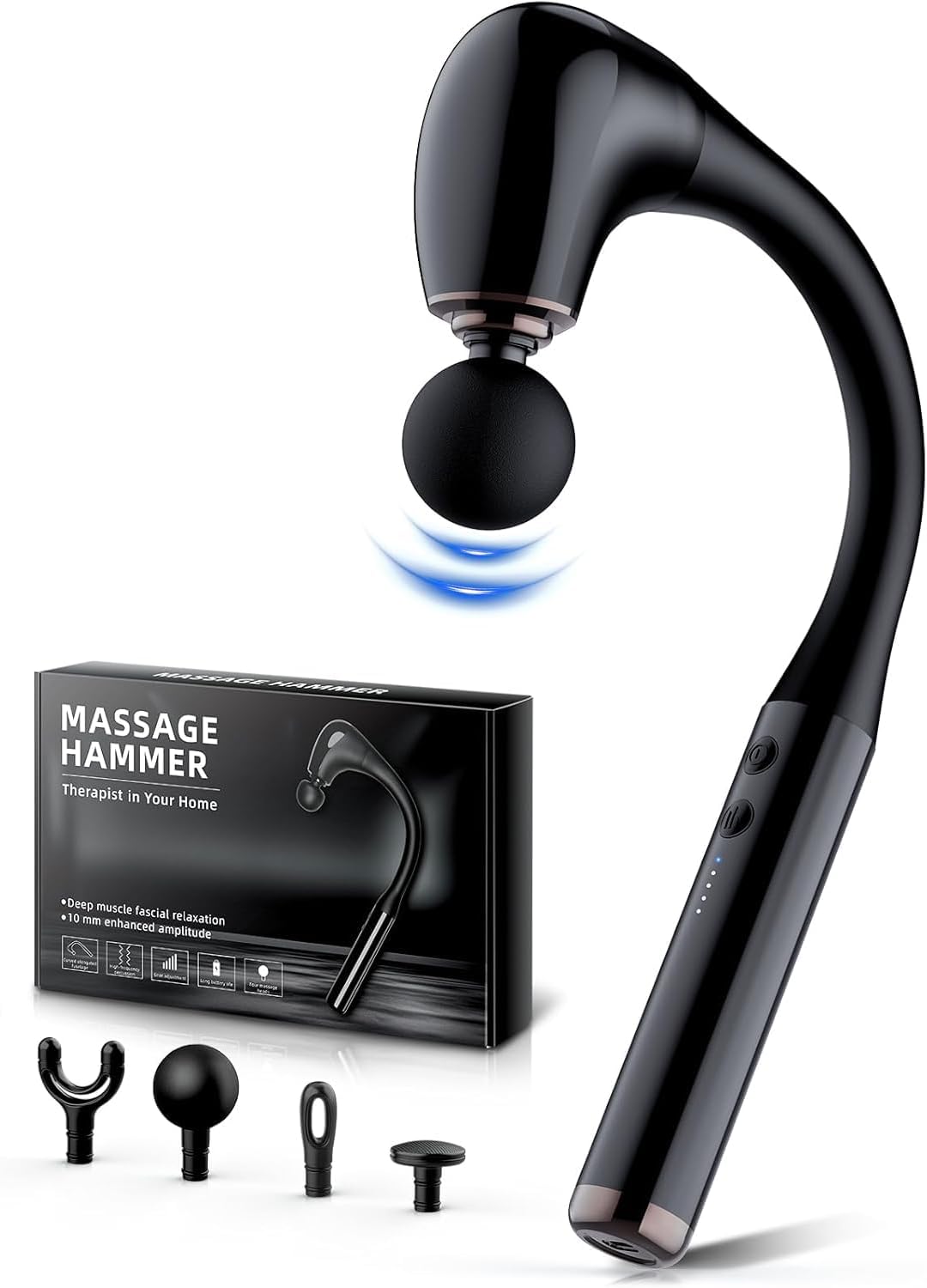Massagepistole mit verbessertem Verlängerungsgriff, 10 mm Tiefengewebe-Massagepistole, 5 Geschwindigkeitsstufen, Rückenmassagegerät mit 4 Aufsätzen, tragbares Massagegerät für Muskeln/Nacken/Schuhe