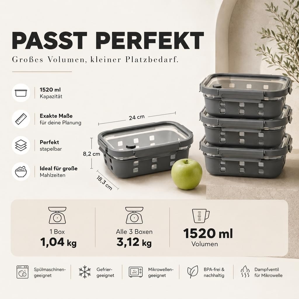 Meal-Prep-Boxen-Set 3 x 1520 ml – Borosilikatglas, auslaufsicher, stapelbar, mikrowellengeeignet, mit Silikon-Schutzbeschichtung und Dampfventil – Bild 2