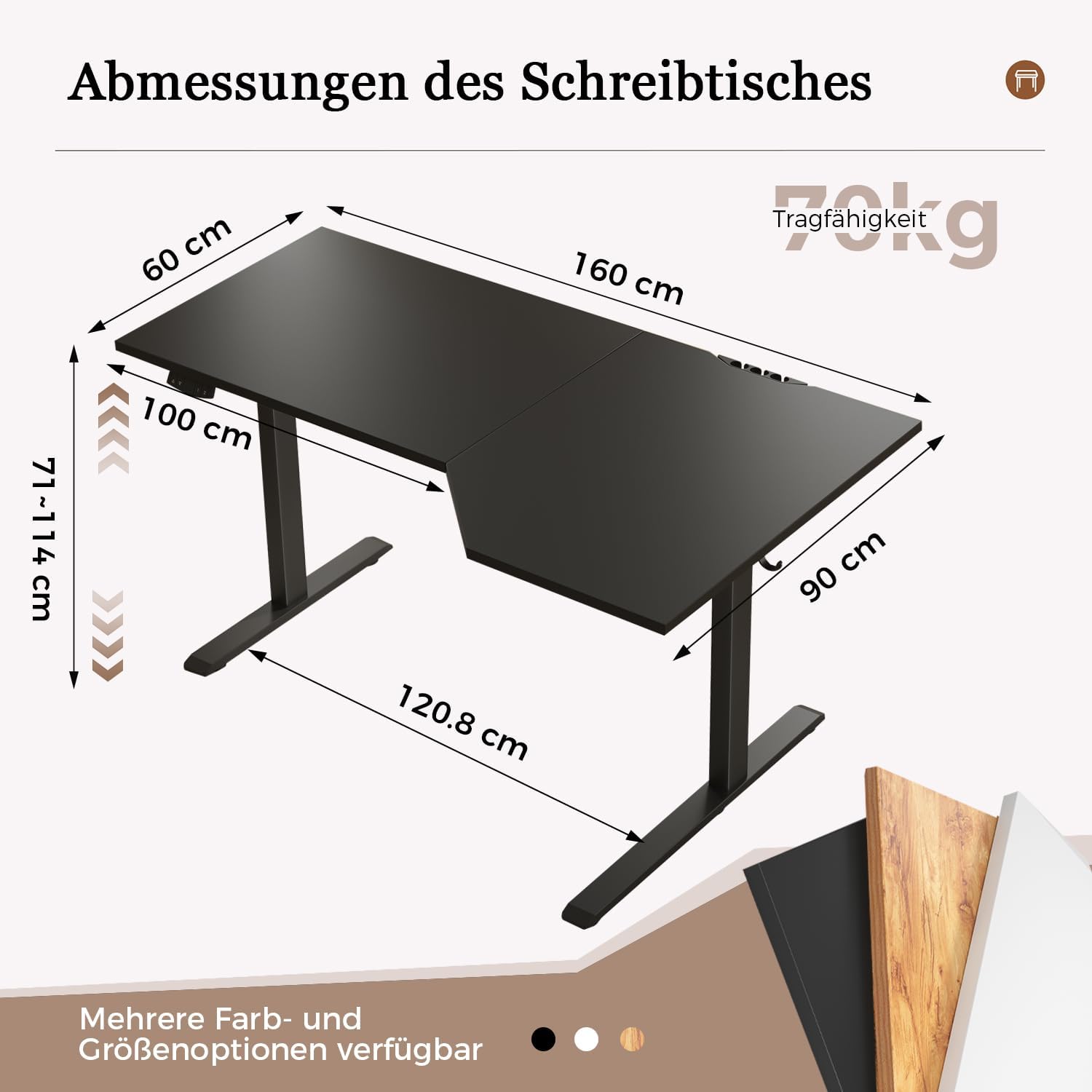 Klicelor Höhenverstellbarer Schreibtisch, elektrischer Stehsitz-Bürotisch, Computertisch mit 2 Memory-Funktionen, Stehpult, 160 x 90 cm, Schwarz – Bild 2