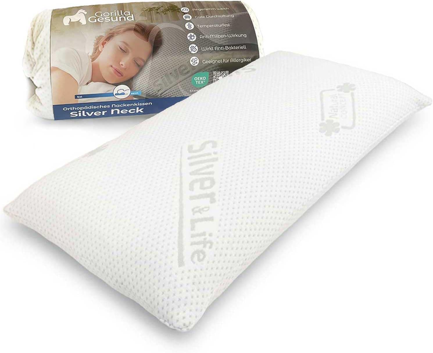 Orthopädisches Nackenstützkissen Silver Neck – Viskoelastisches Memory-Schaum-Kissen mit Silver & Life-Bezug – 70 x 34 cm – Höhe 12 cm – Bild 3