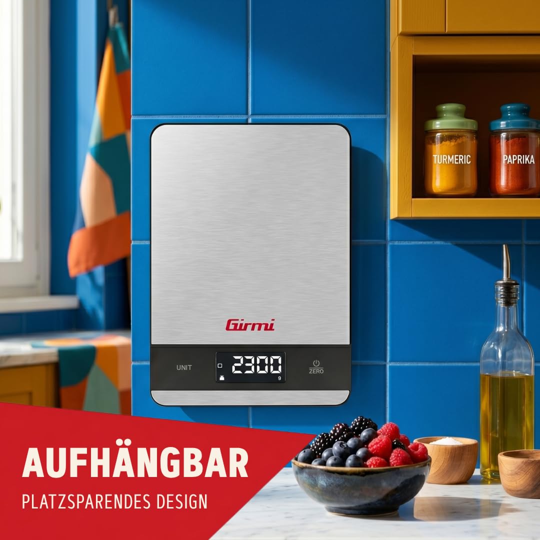 Girmi PS05 Elektronische Küchenwaage, 1 g/5 kg, Edelstahlplatte, Display mit hoher Helligkeit, automatische Abschaltung, Tarafunktion, Fehleranzeigen, Display 50 x 22 – Bild 5