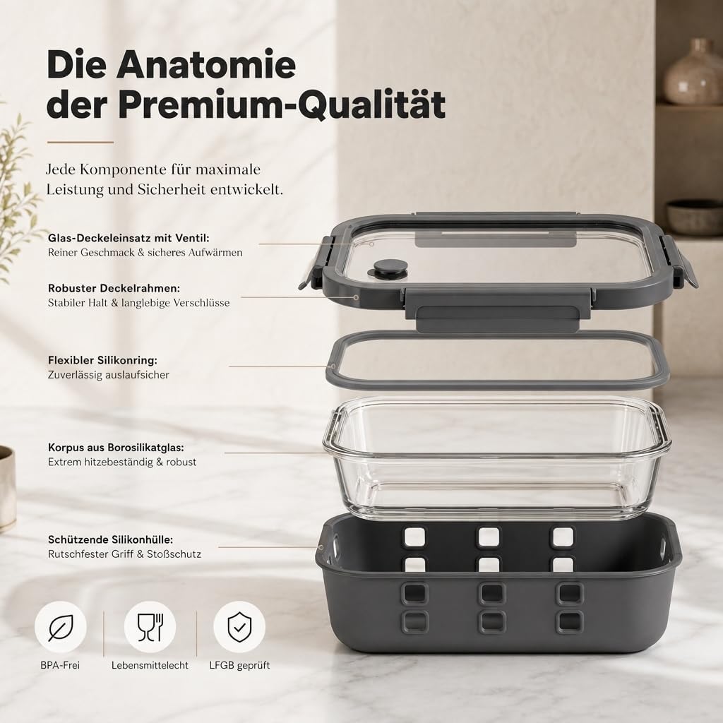 Meal-Prep-Boxen-Set 3 x 1520 ml – Borosilikatglas, auslaufsicher, stapelbar, mikrowellengeeignet, mit Silikon-Schutzbeschichtung und Dampfventil – Bild 6