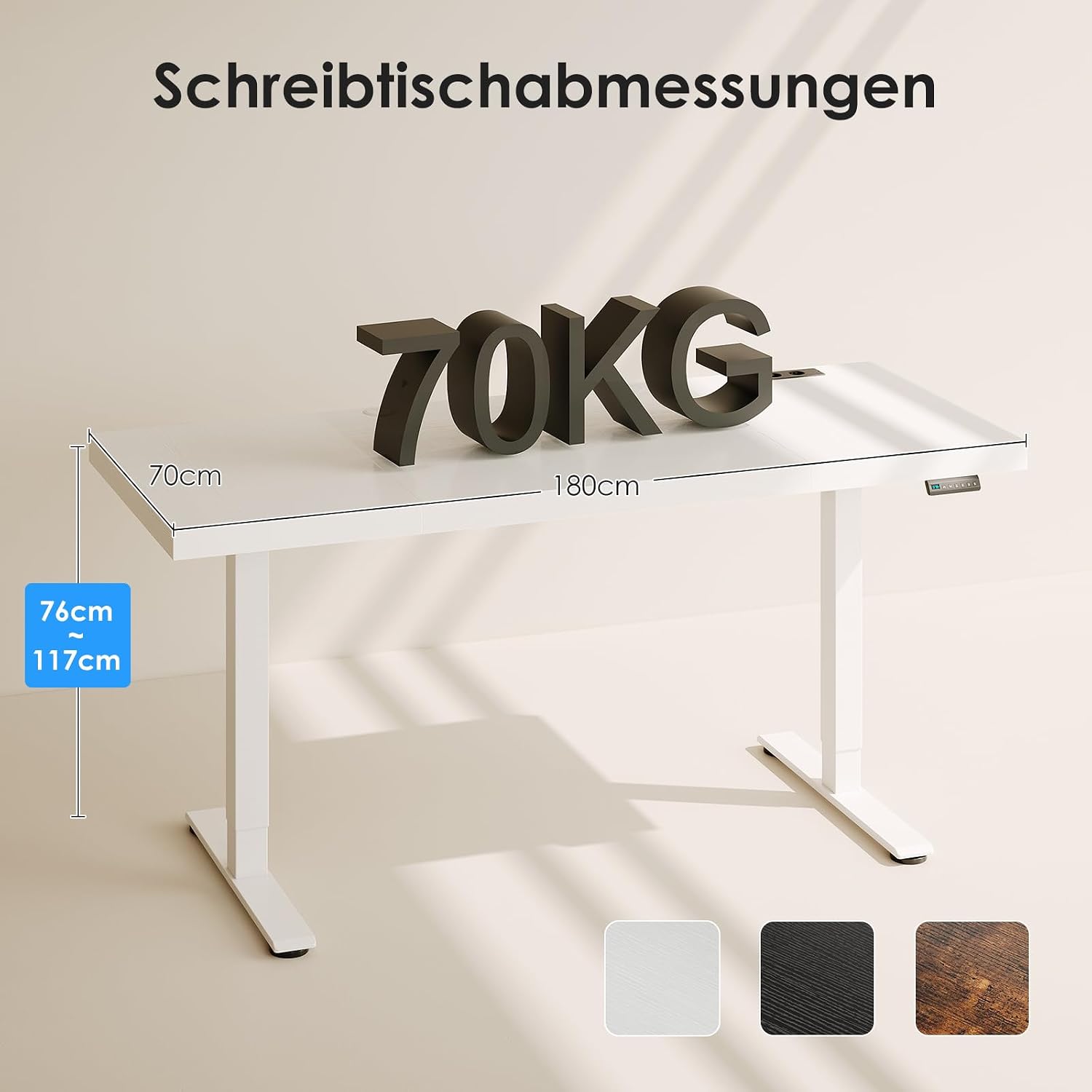 OffiGo höhenverstellbarer Schreibtisch mit Steckdose, 180 x 70 cm, 35 mm, weiß | Elektrischer Schreibtisch mit stabilen T-Beinen, Stehpult, perfekte Ergonomie für Büro, Gaming – Bild 7