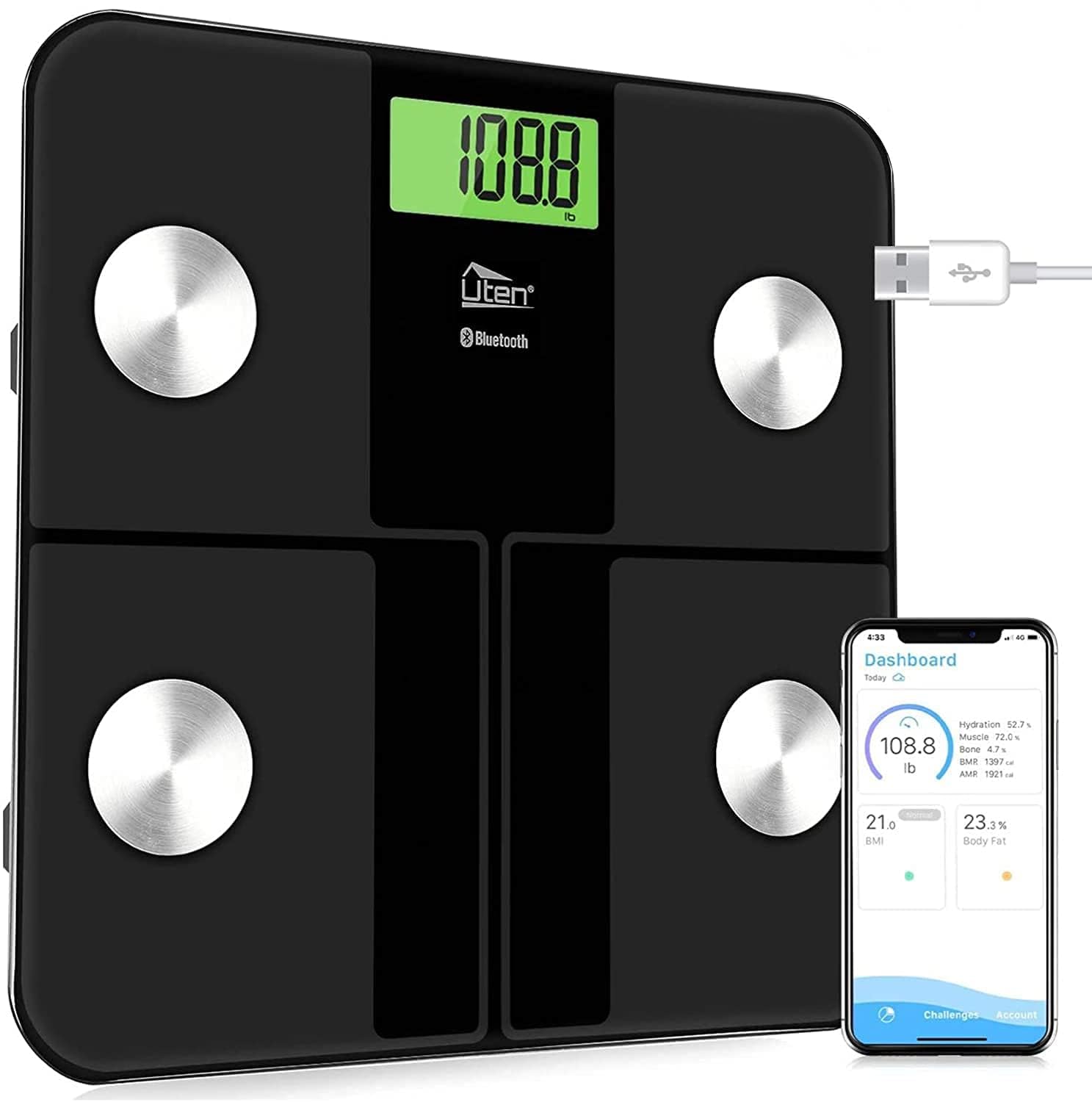 Digitale Personenwaage Körperfettwaage Uten Bluetooth Körperwaage Digitale Körperanalysewaage mit App Körperanalysegerät Gewichtswaage 180 kg 400 lb