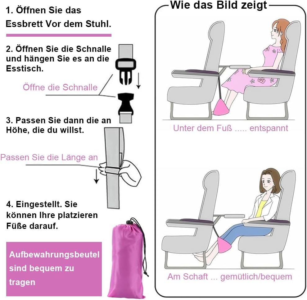 Flugzeug-Fußstütze, 2 Stück, Flugzeug-Fußhocker, hängender Fußhocker, Fußhängematte, tragbare Reise-Fußstütze für Büro, Wohnheim, Flugzeug-Entspannung – Bild 3