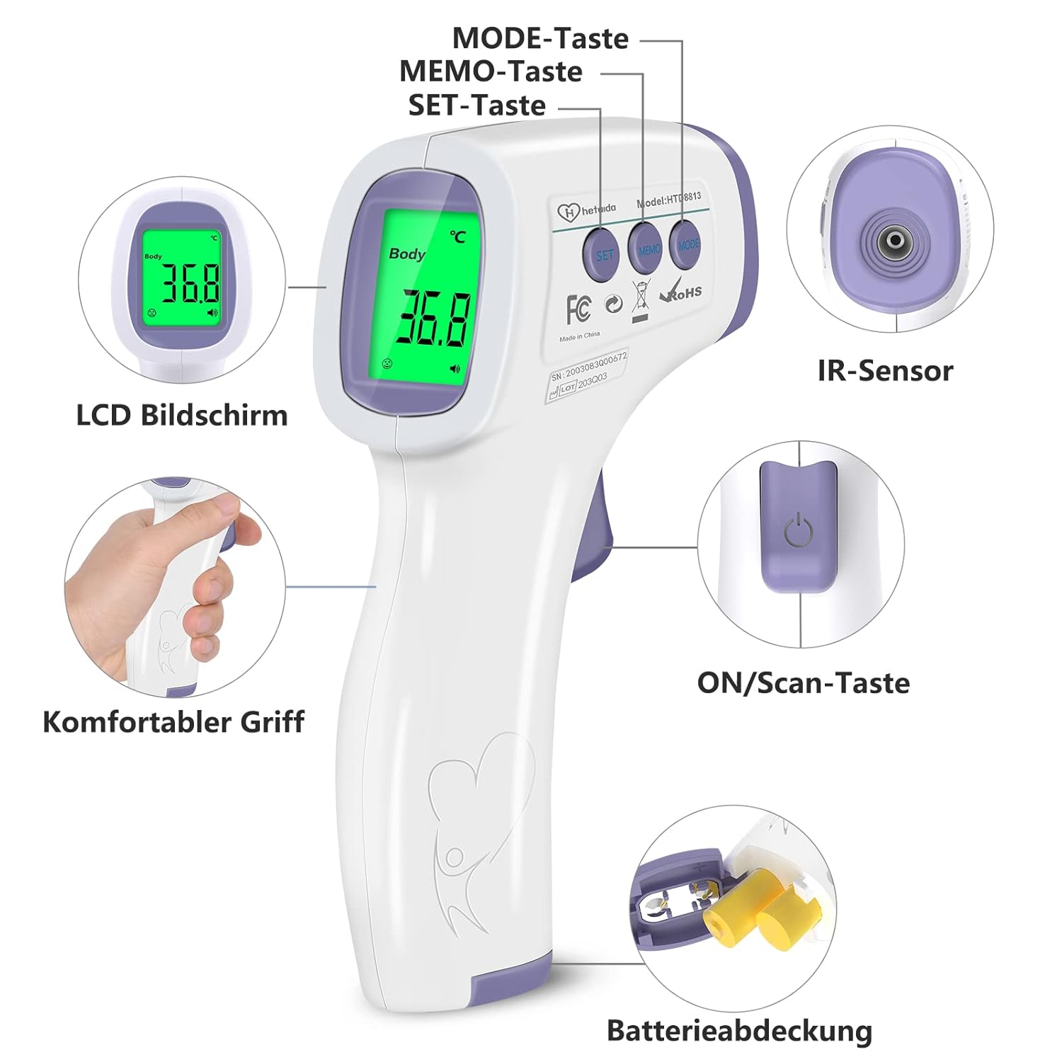 Fieberthermometer, kontaktloses Infrarot-Stirnthermometer für Babys, Erwachsene, Kinder, digitales Fieberthermometer mit genauen Messwerten, Fieberalarm, LCD-Display, 50 Speicherfunktionen – Bild 8