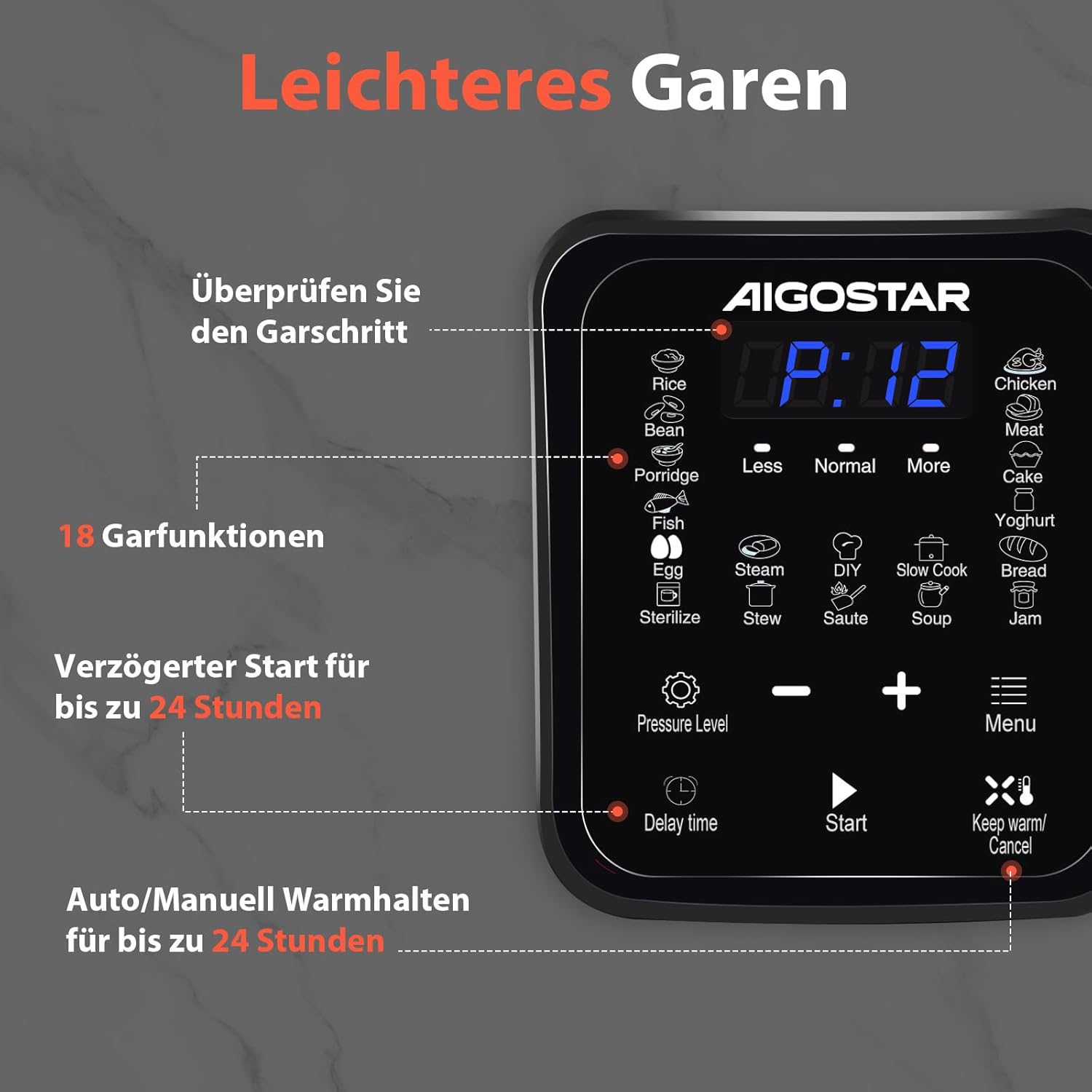 Aigostar Schnellkochtopf, 6 Liter, 18-in-1-Multikocher, antihaftbeschichtet, einfache Reinigung, 1000 W, Schnellkochtopf, Reiskocher, Schongarer, Dampfgarer, Joghurtbereiter, Speisenwärmer mit farbigem Rezeptbuch – Bild 10