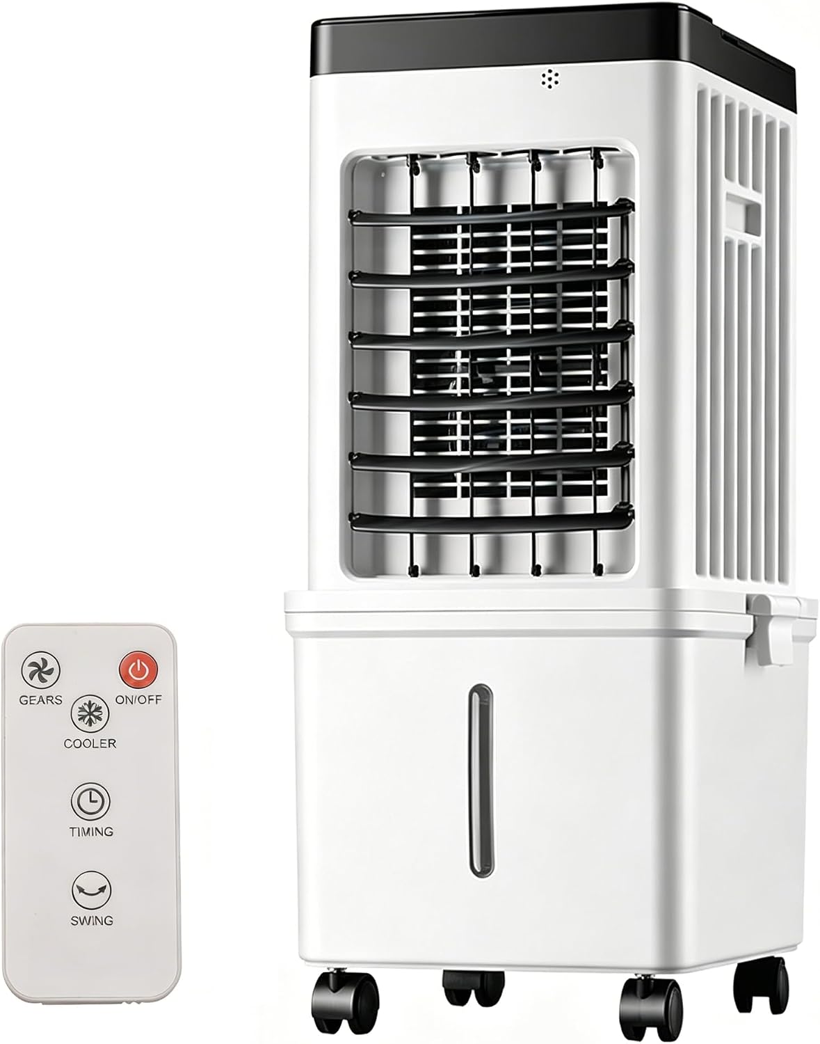 3-in-1-Luftkühler und Luftbefeuchter, tragbarer 60-cm-Luftkühler, 15-l-Wassertank, 3 Geschwindigkeiten und 3 Modi, super energiesparend, Digitalanzeige, 7,5-Stunden-Timer, mit 4 Rädern und Griff