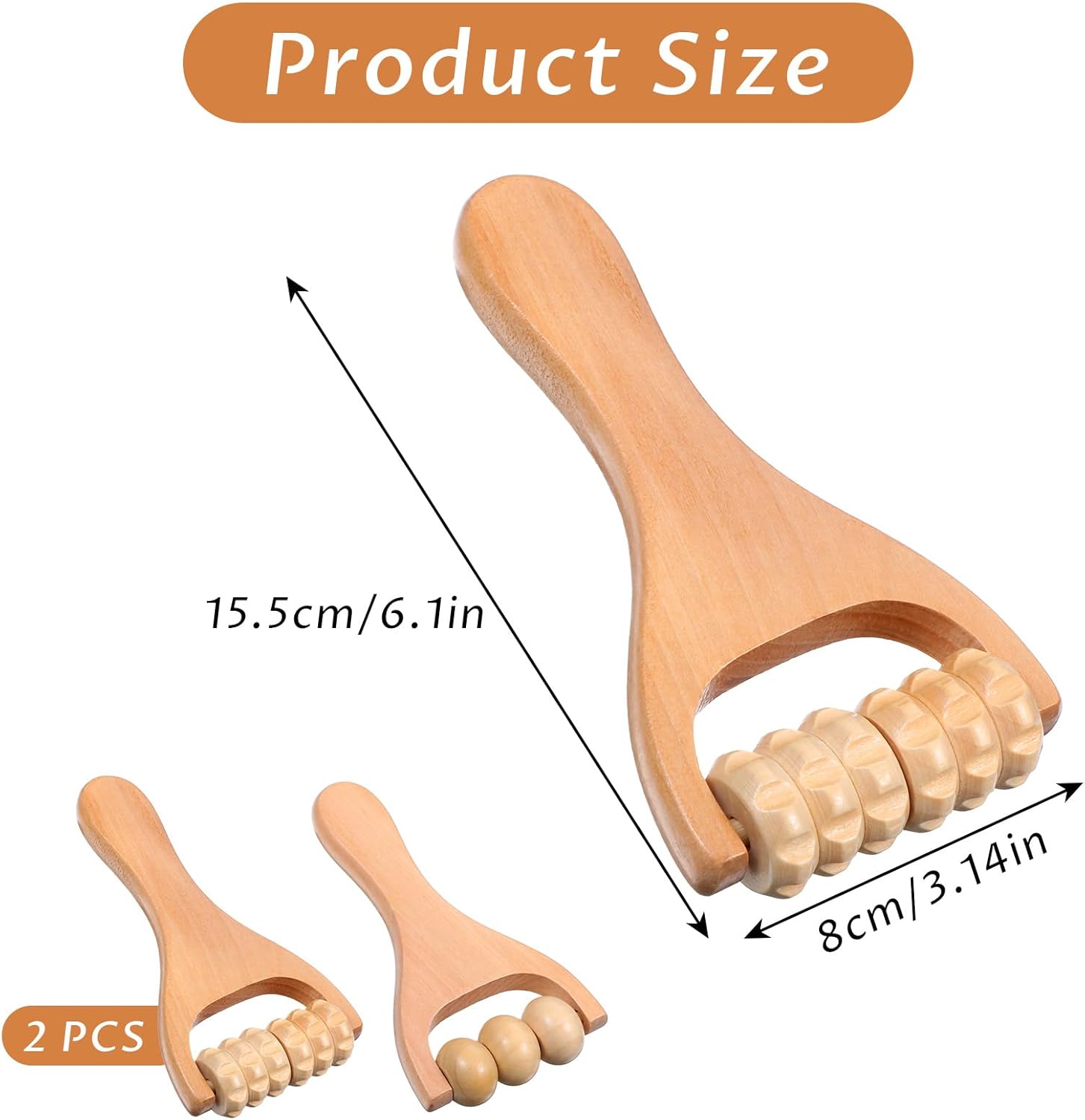 2er-Pack Massageroller aus Holz, ergonomischer Massageroller mit Griff, Faszienrolle klein, Körper-Gesichtsroller für Beine, Hände und Gesichtsmassagegerät – Bild 2