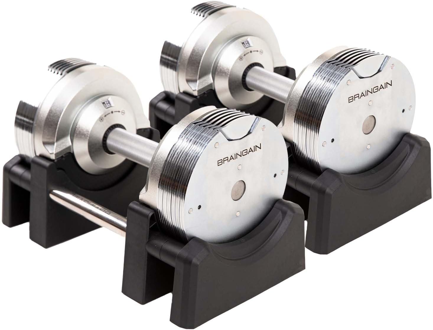 Verstellbares Hantelset von BRAINGAIN 23,5 kg / 32,5 kg / 41,5 kg – Jetzt mit 34 mm Gen 4-Griff – Gewichte in 1 Sekunde wechseln – Platzsparendes Homegym – Mehrere Gewichte in einem – Chrom/Schwarz