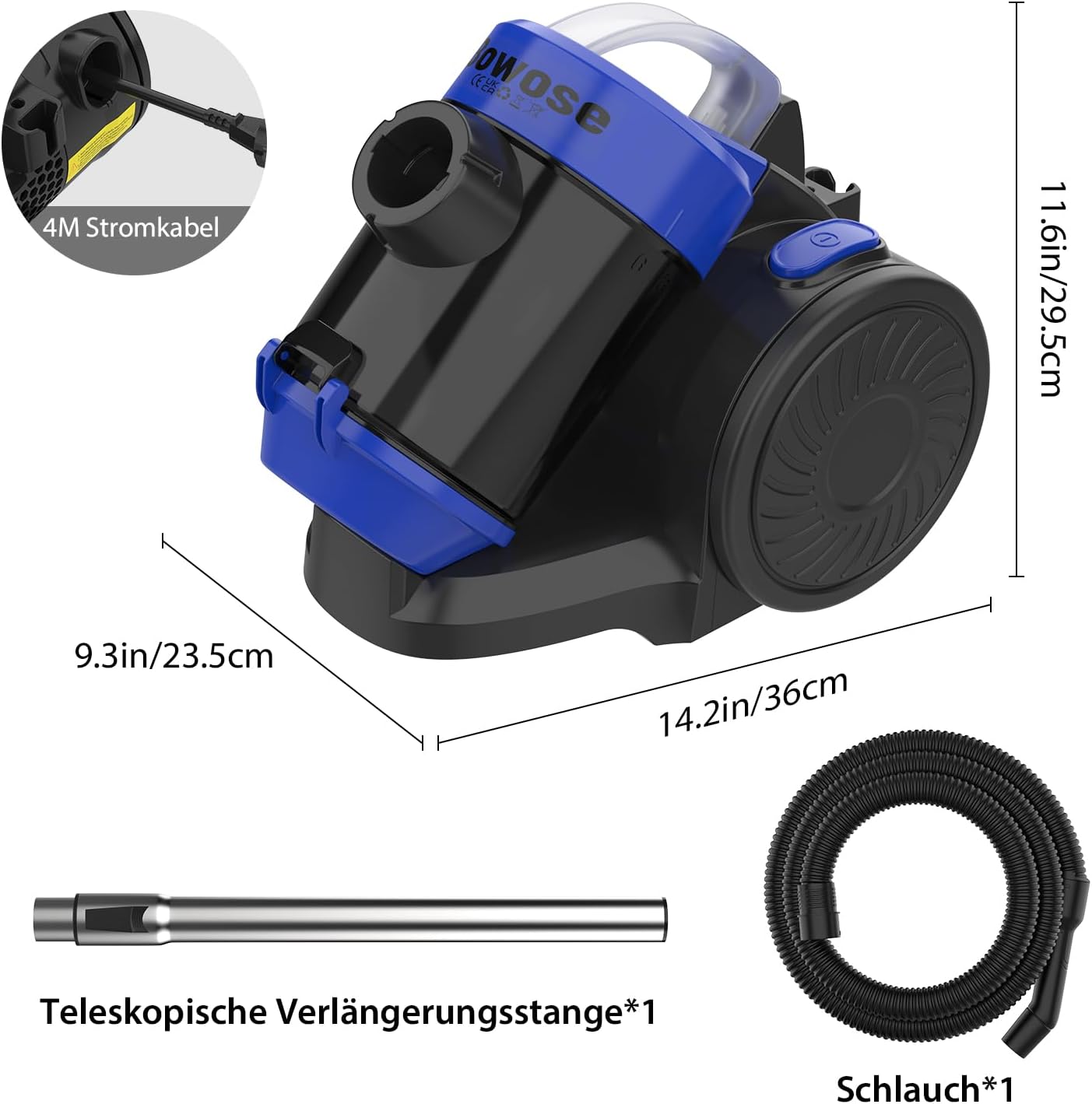 Zyklon-Staubsauger, beutellos, 1000 Watt, Staubsaugerzylinder, leistungsstarker Bodenstaubsauger mit HEPA-Filter, Bodendüse für Hartböden und Teppich, 1,5 Liter Staubbehälterkapazität, 10 m Arbeitsradius – Bild 6