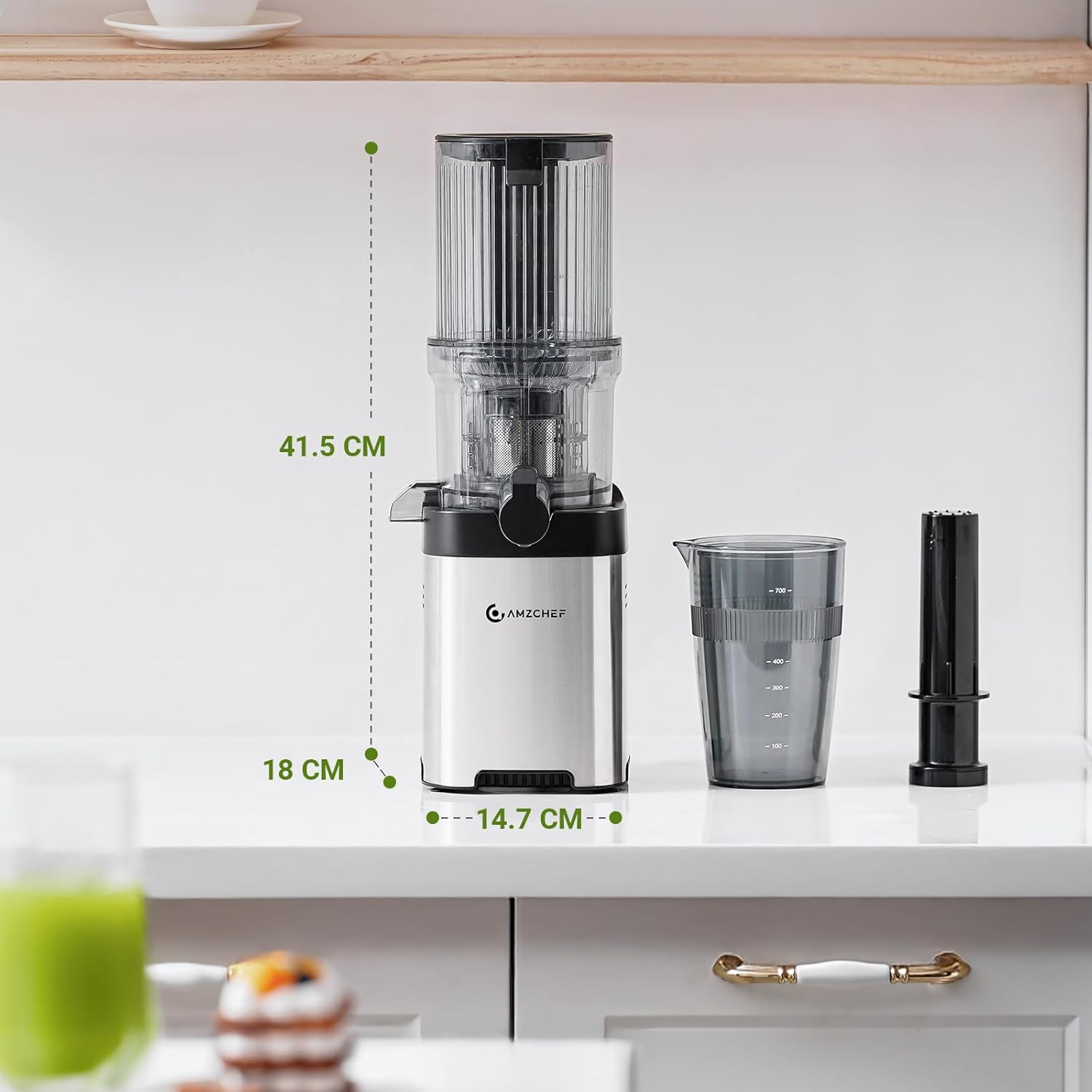 AMZCHEF Entsafter – Slow Juicer mit 120 mm Breite und größerem Einfüllschacht für ganzes Gemüse und Obst – leicht zu reinigender Entsafter mit 2 Gläsern – Silber – Bild 7