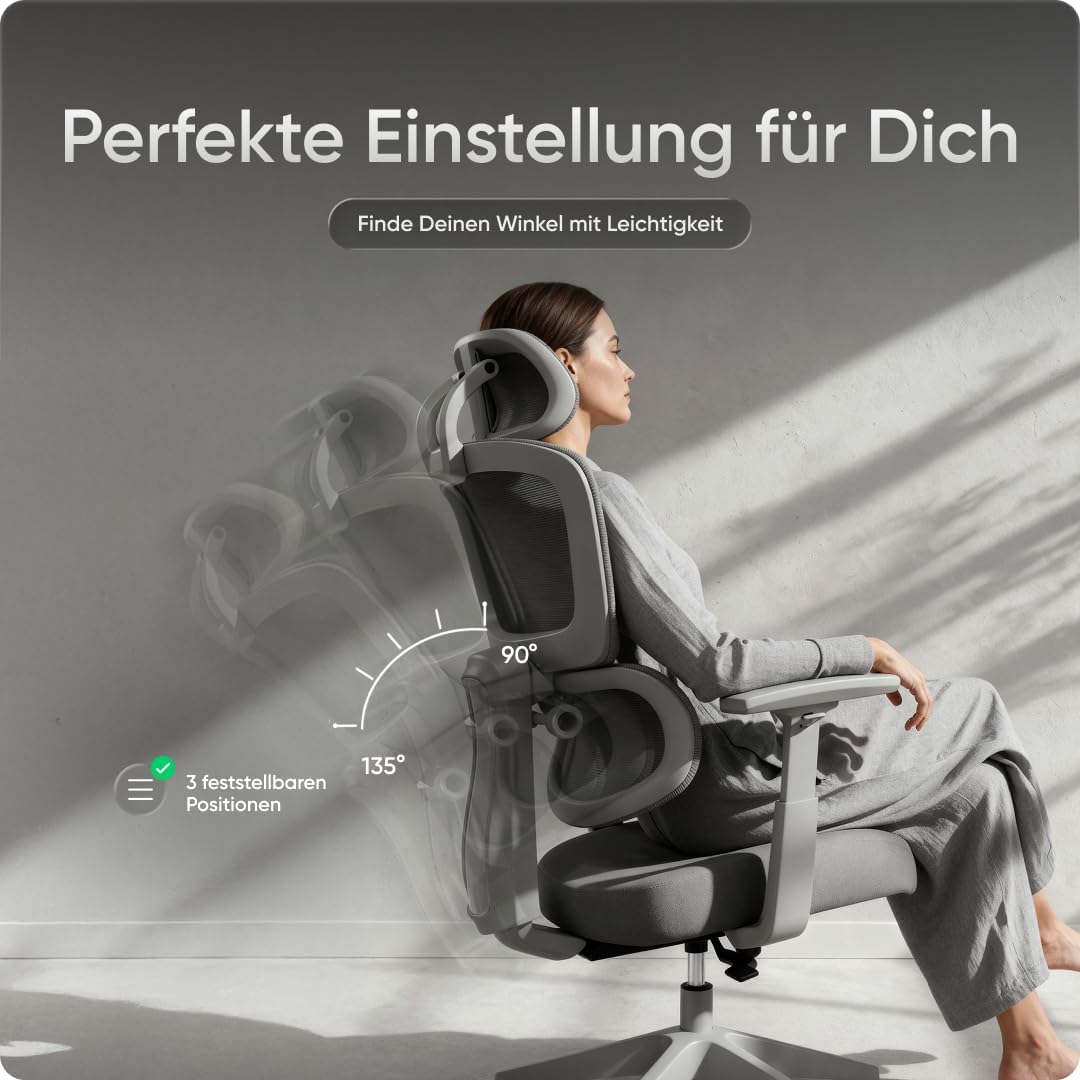 Ergonomischer Bürostuhl Move für das Home Office bis 150 kg – Schreibtischstuhl mit intelligenter Lordosenstütze, 3-stufiger Neigung und höhenverstellbarer Rückenlehne (Grau) – Bild 7