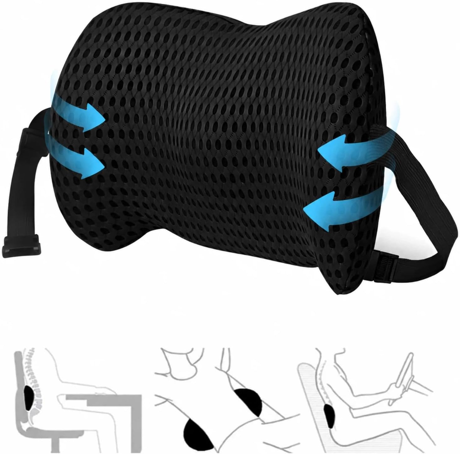 Ergonomisches Memory-Schaum-Lendenkissen, atmungsaktive Rückenstütze mit verstellbarem Riemen, abnehmbarer, waschbarer Bezug für Bürostuhl, Auto und Zuhause
