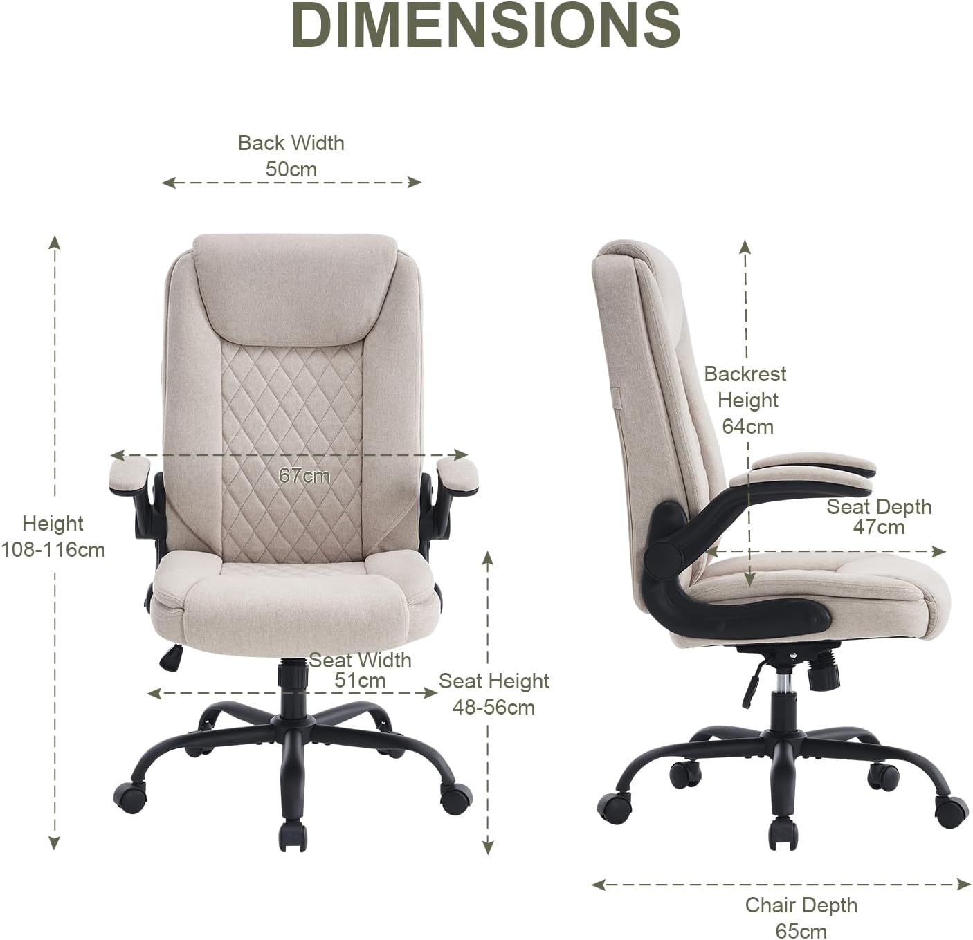 CASTLOVE Bürostuhl, Ergonomischer Schreibtischstuhl, Chefsessel mit gepolsterten Armlehnen, klappbar, Höhenverstellung, Wippfunktion und Kopfstütze, bequem für Zuhause, Büro, Bürostuhl, 150 kg, beige Stoff – Bild 2