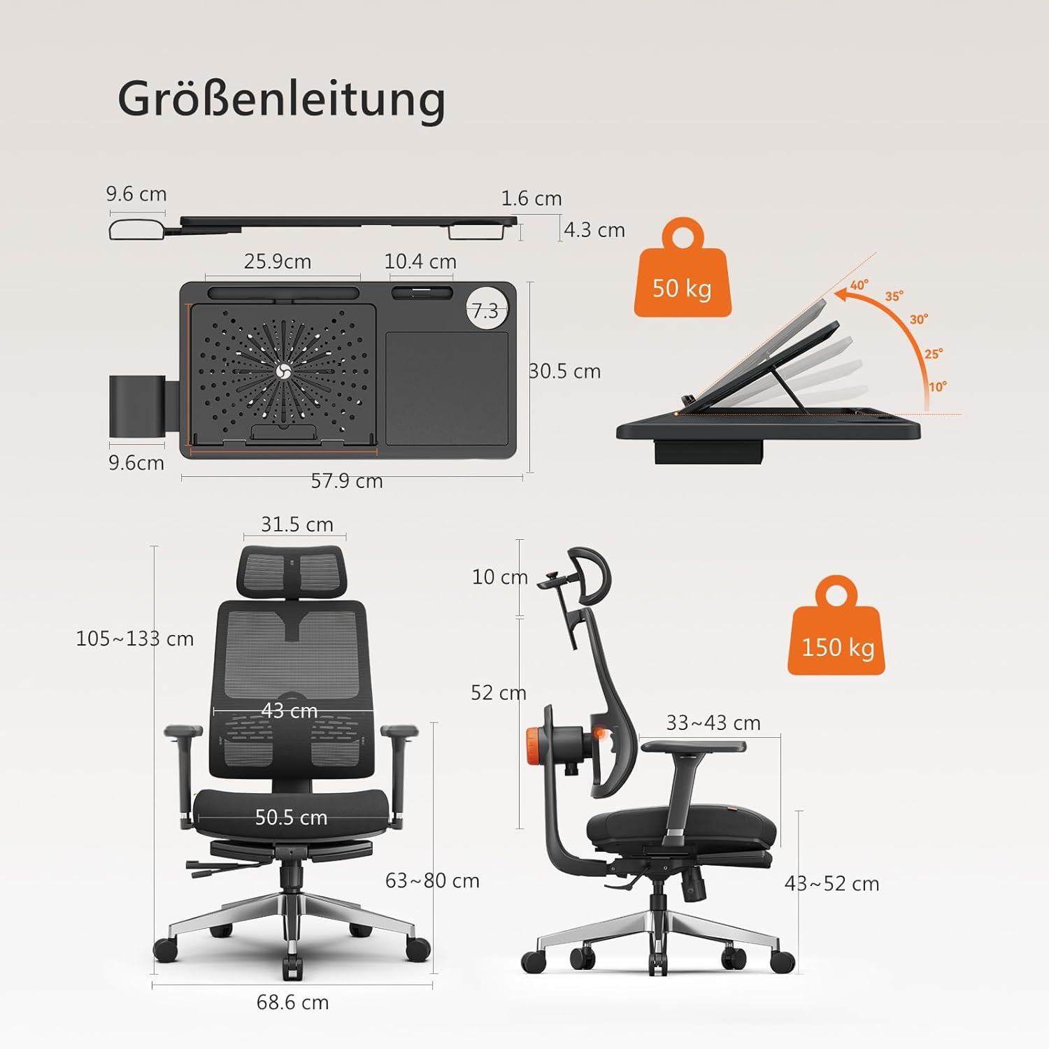 Newtral MAGICH-PRO Ergonomischer Bürostuhl mit Fußstütze, ergonomischer Schreibtischstuhl mit dynamischer Kopfstütze & Lordosenstütze, ergonomischer Bürostuhl (Magic Pro + abnehmbare Tischplatte, schwarz) – Bild 2