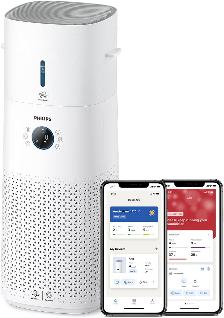 Philips 3000 Series 2-in-1-Kombi-Luftreinigungs- und Befeuchtungsgerät, 131 m², NanoProtect HEPA- und Aktivkohlefilter entfernt 99,97 % aller unsichtbaren Partikel, Weiß (AC3737/10)