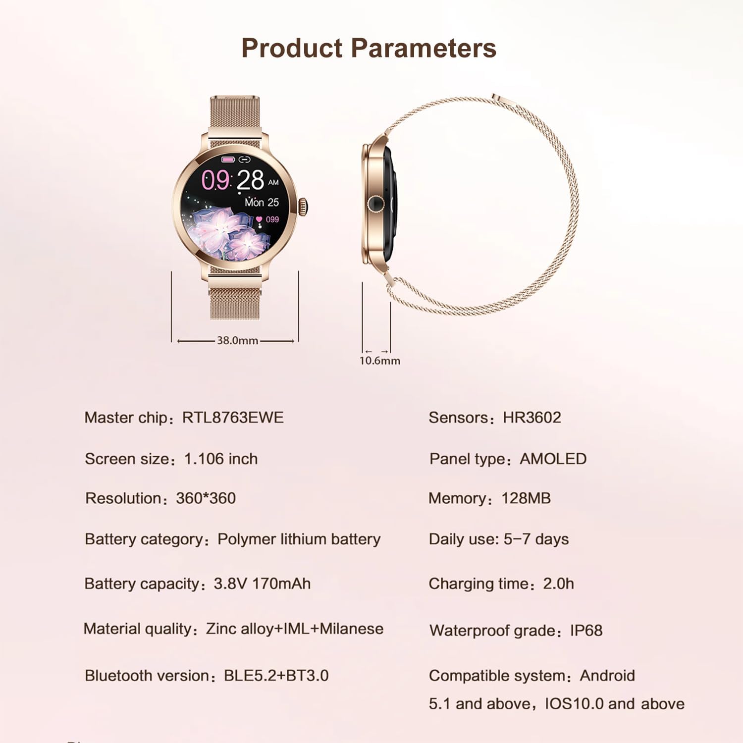 Smartwatch für Damen mit Bluetooth-Anruf, Smartwatch für iPhone und Android-Telefone, Fitness-Tracker-Uhr mit Anruf-/Antwortfunktion, wasserdicht, Herzfrequenz, Blutdruck, Blutsauerstoff (Gold) – Bild 8