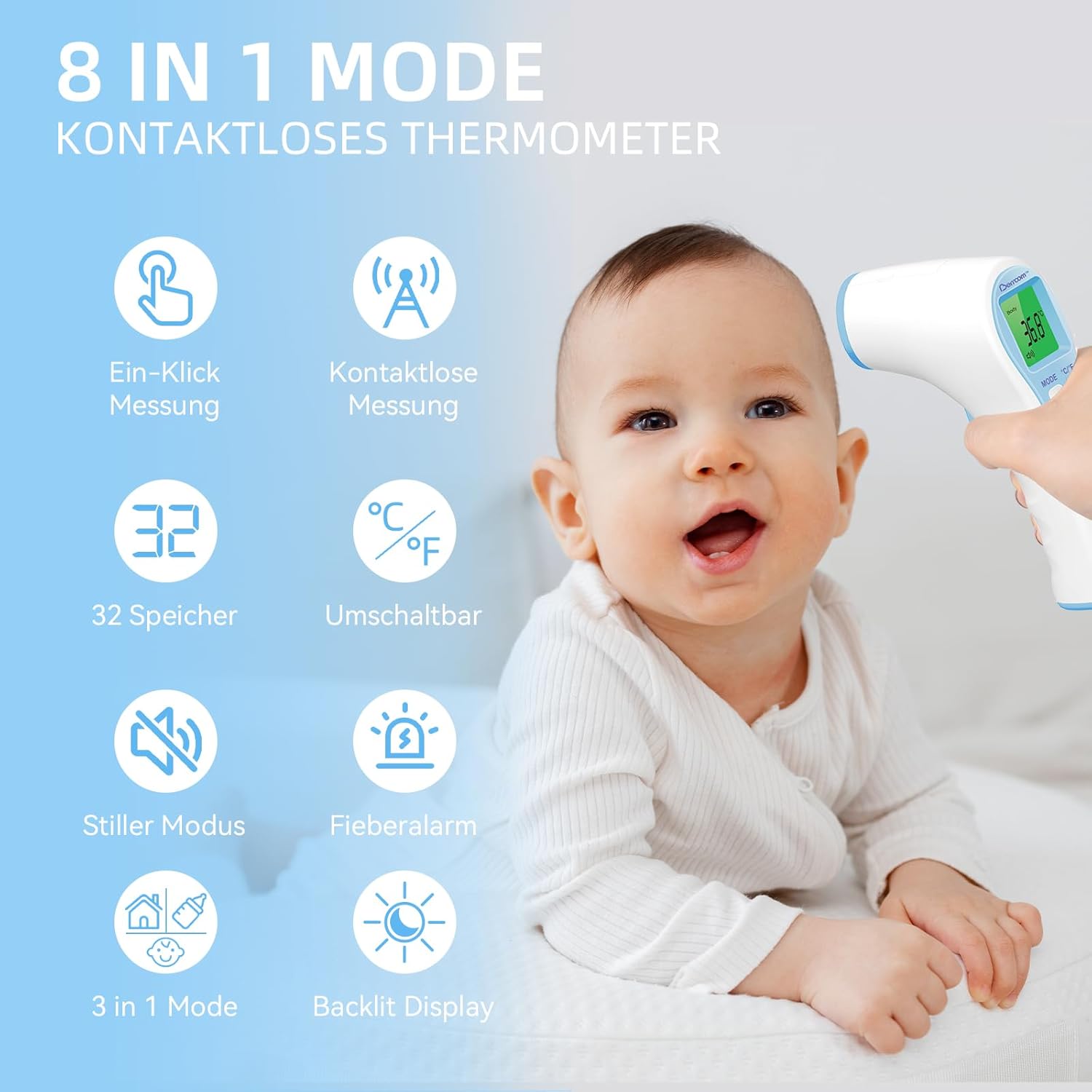 Berrcom Fieberthermometer, kontaktloses Infrarot-Stirnthermometer für Babys, Kinder, Erwachsene, digitales medizinisches Thermometer 3 in 1 mit sofort genauen Messwerten – Bild 4