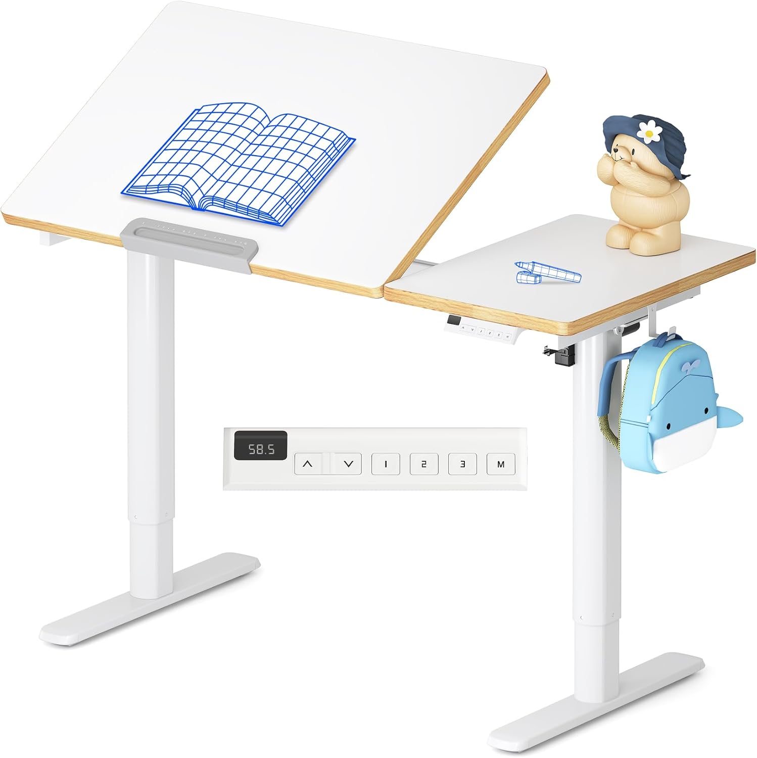 FLEXISPOT Kinderschreibtisch, elektrisch höhenverstellbarer Schreibtisch mit neigbarer Tischplatte, für Kinder ab 6 Jahren, mit LED-Höhenanzeige, 3 Speicherplätzen, Kindersicherung, 110 x 52 cm