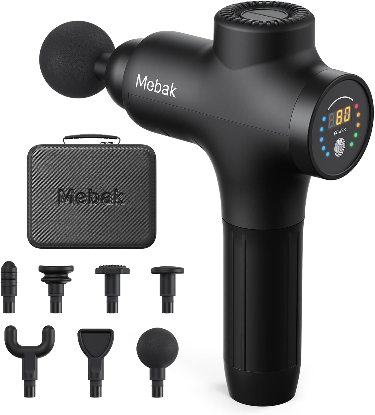 Mebak 3 Massagepistole, Massagepistole, Muskel, 3200 U/min, 12 mm Amplitude, elektrisches Handmassagegerät, Faszien-Tiefengewebe, tragbar, für Nacken, Rücken, Körper, mit 7 Köpfen, 5 Stufen, 2600 mAh Akku