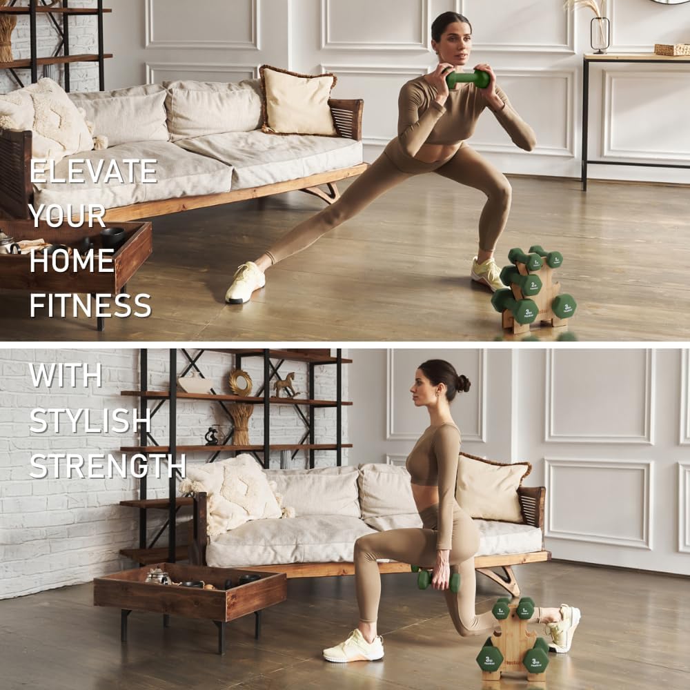 PhysKcal 6er- Hanteln Set mit Bambusständer, Kleine Neopren Kurzhantel Set | Stilvolles Fitnessgeschenk für Anfänger, Damen und Kinder, ästhetisch als Wohnaccessoire, ideal für Pilates, Reha und Cardio – Bild 7