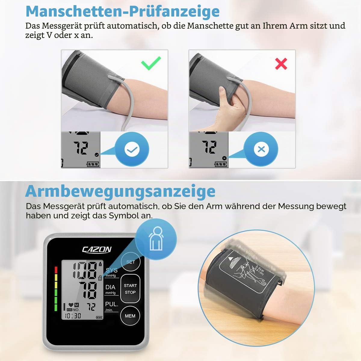 CAZON Blutdruckmessgerät Oberarm, digital, vollautomatisches Blutdruckmessgerät, Pulsmessung, Blutdruckmessung, groß, mit großer Manschette, 2 x 120, Dual-User – Bild 4