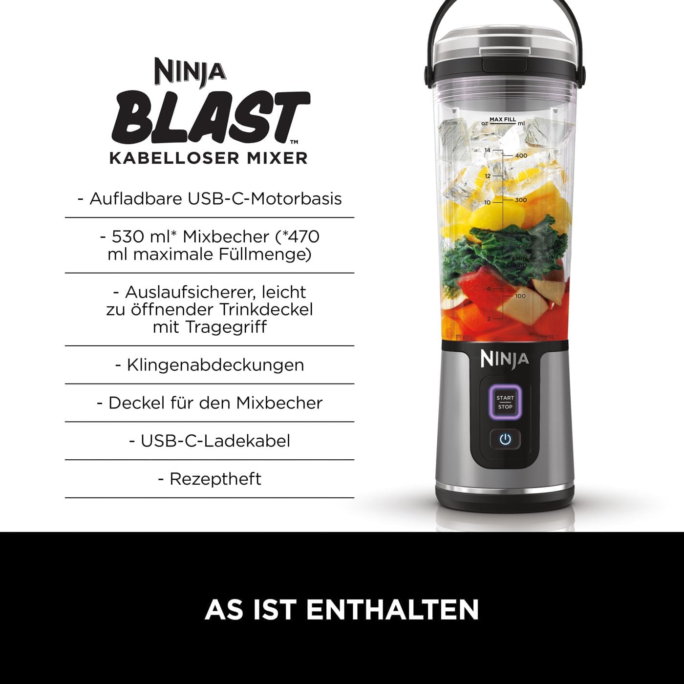 Ninja Blast BC151EUBK Tragbarer Mixer und Smoothie-Maker, 530-ml-Becher mit auslaufsicherem Deckel und Trinköffnung, leistungsstark, kabellos und wiederaufladbar, zerkleinert Eis und gefrorene Früchte, schwarz – Bild 2