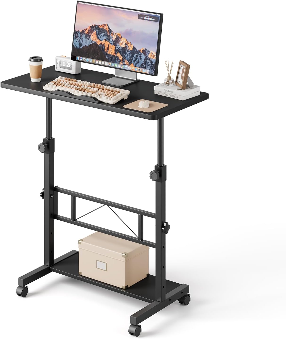 Dripex 80 x 40 cm Stehschreibtisch, höhenverstellbar 65–98 cm, mobiler Computertisch mit Rollen und neigbarer Tischplatte, Überbetttisch, Stehsitztisch für Zuhause und Büro, Schwarz – Bild 3