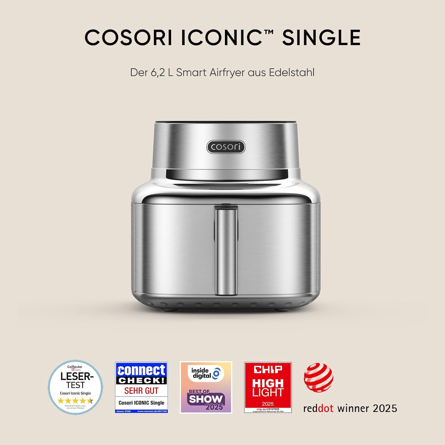 COSORI Airfryer | Kultige Single | 96 % Metall | Keramikbeschichtung ohne PFAS und BPA | 7-in-1 6,2L Heißluftfritteuse | 61 % Energieeinsparung | 50+ Rezepte | Spülmaschinenfest | Silber | SE601S – Bild 2