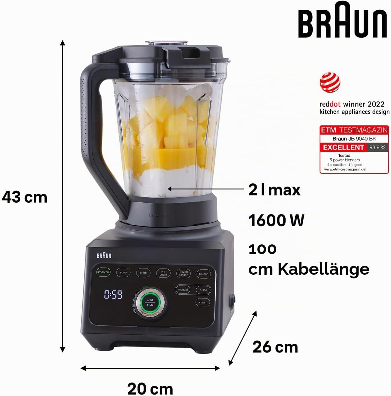 Braun PowerBlend 9 JB9040BK Hochleistungsmixer mit 1600 Watt Motor, 2 L Tritan-Behälter, 18 Programme, 10 Geschwindigkeiten, Schwarz – Bild 5