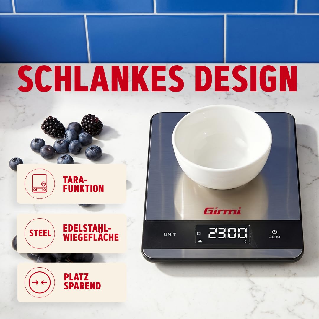 Girmi PS05 Elektronische Küchenwaage, 1 g/5 kg, Edelstahlplatte, Display mit hoher Helligkeit, automatische Abschaltung, Tarafunktion, Fehleranzeigen, Display 50 x 22 – Bild 6
