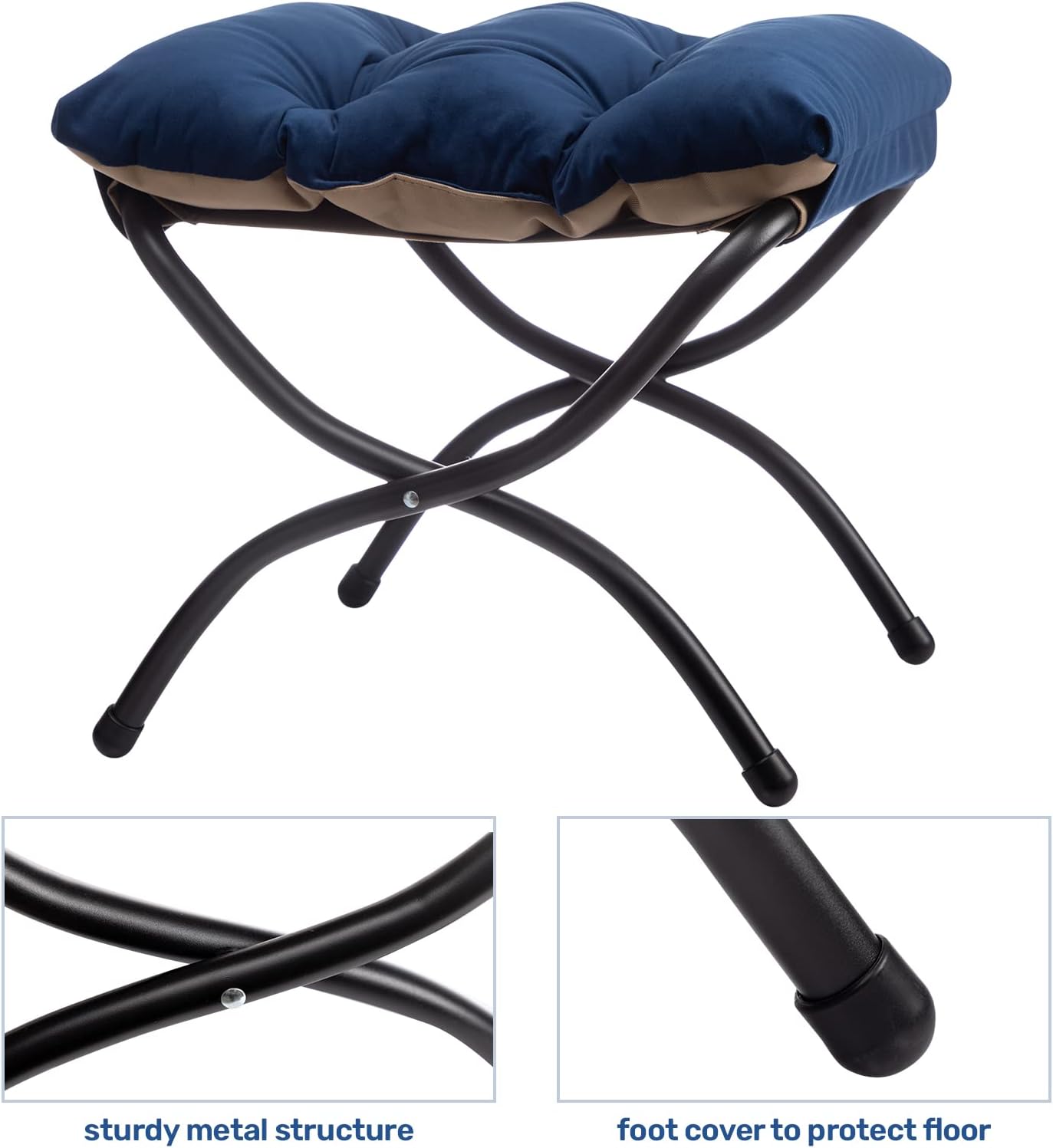 HollyHOME Fußhocker, klappbar, Fußstütze, Fußstütze, faltbarer Hocker mit Metallbeinen, Fußhocker mit abnehmbarer gepolsterter Sitzfläche, Samt, Dunkelblau – Bild 6