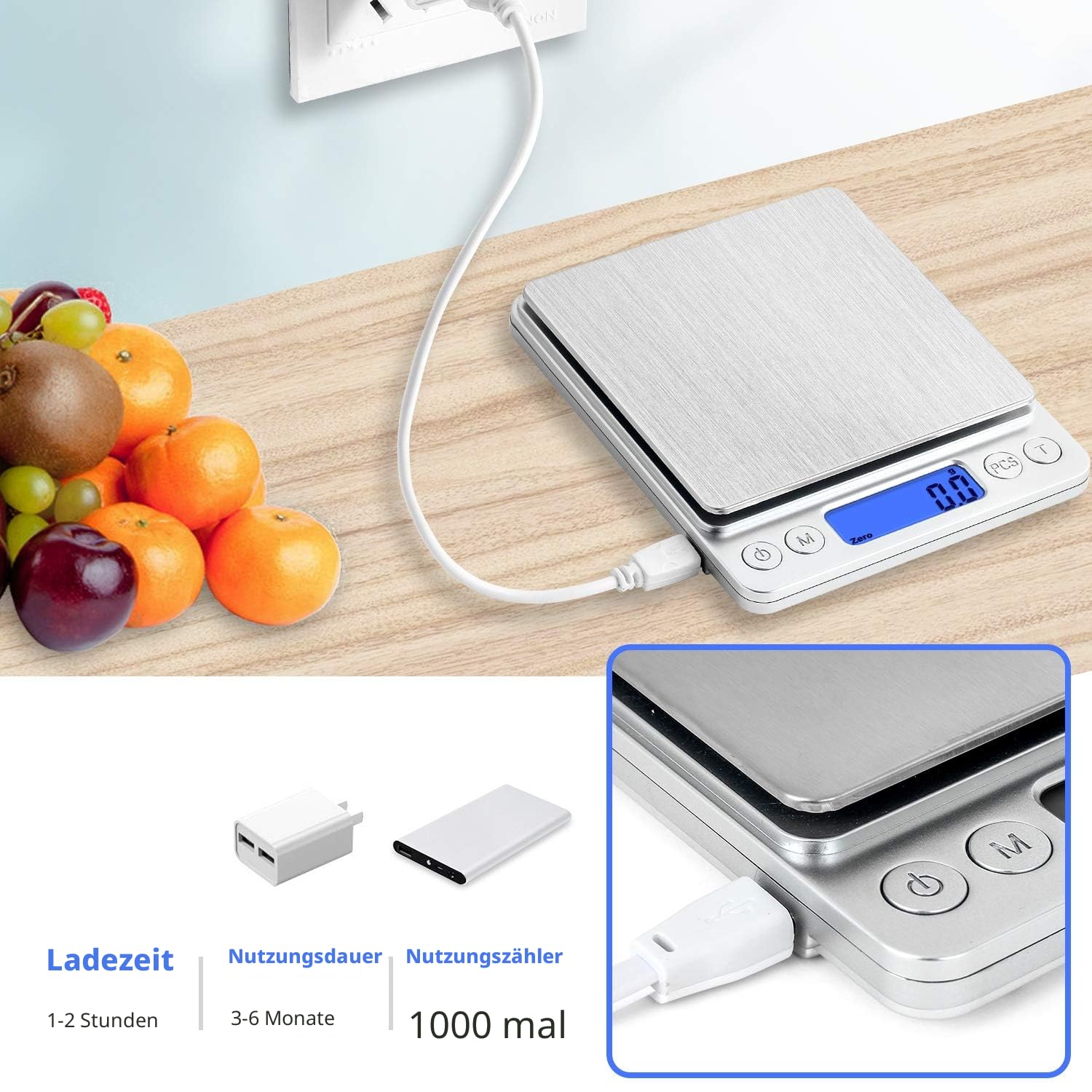 Digitale Waage, Küchenwaage, USB wiederaufladbar, 3 kg/0,1 g, Mini-Lebensmittelwaage, elektrische Kochwaage, wasserdichte Digitalwaage, LCD-Display, Edelstahl, für Zutaten, Schmuck, Kaffee – Bild 2
