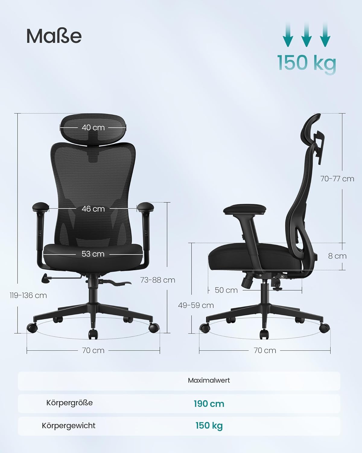 SONGMICS OBN066BH01 Ergonomischer Bürostuhl, Computerstuhl, verstellbare Lenden- und Kopfstütze, maximale Belastung 150 kg, höhenverstellbar, Tintenschwarz – Bild 2
