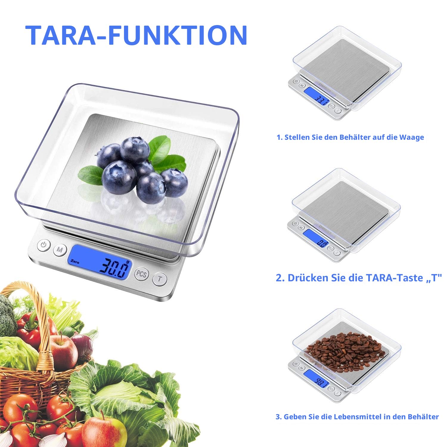 Digitale Waage, Küchenwaage, USB wiederaufladbar, 3 kg/0,1 g, Mini-Lebensmittelwaage, elektrische Kochwaage, wasserdichte Digitalwaage, LCD-Display, Edelstahl, für Zutaten, Schmuck, Kaffee – Bild 6